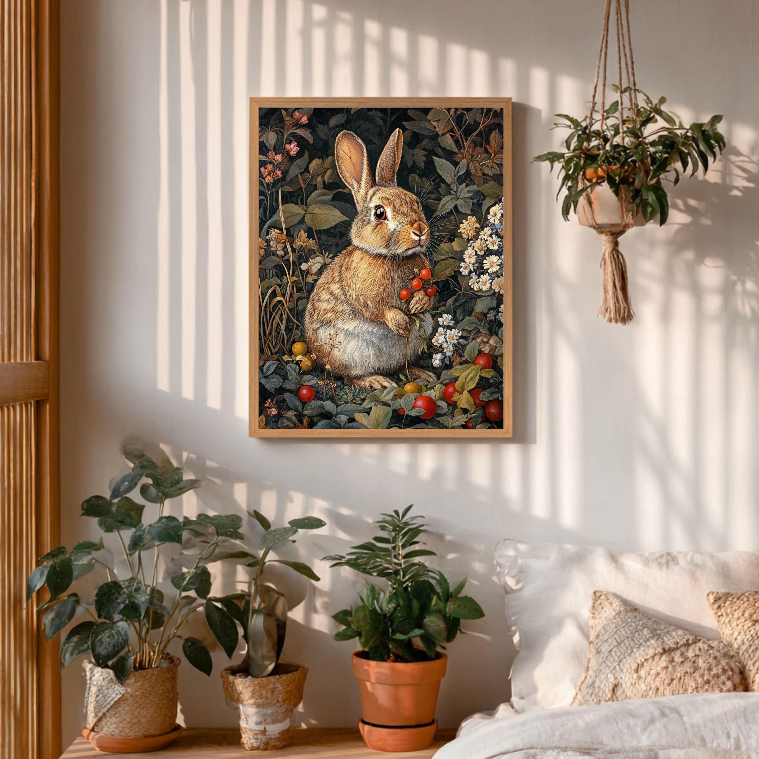 Vintage Bunny Wall Art Print, Woodland Rabbit Floral Canvas Decor, Rustic Cottagecore Animal Farmhouse Wall Decor Nature Gift