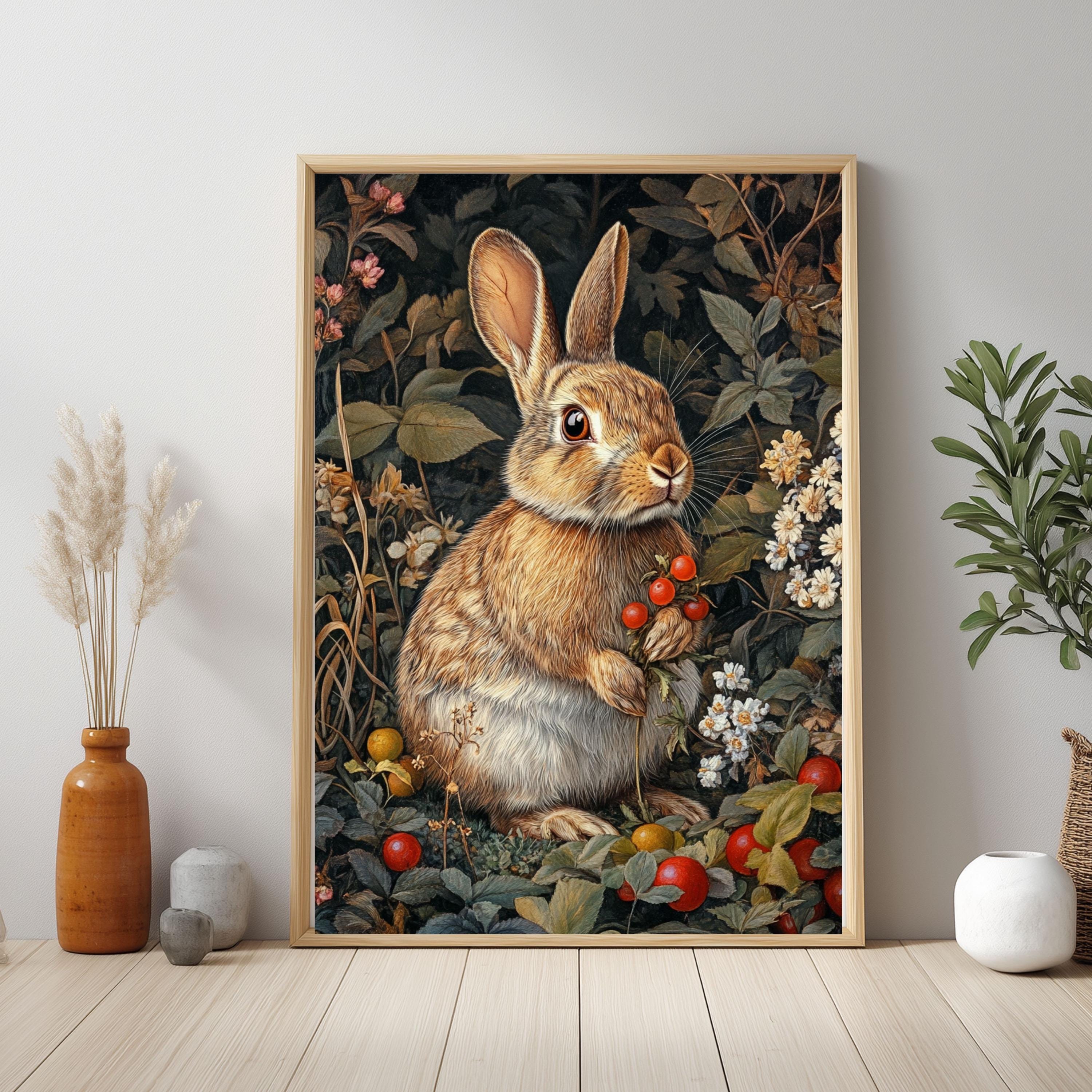 Vintage Bunny Wall Art Print, Woodland Rabbit Floral Canvas Decor, Rustic Cottagecore Animal Farmhouse Wall Decor Nature Gift