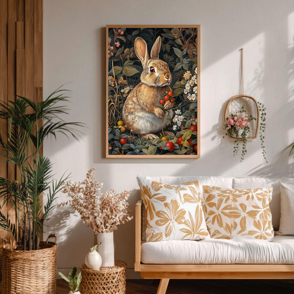 Vintage Bunny Wall Art Print, Woodland Rabbit Floral Canvas Decor, Rustic Cottagecore Animal Farmhouse Wall Decor Nature Gift