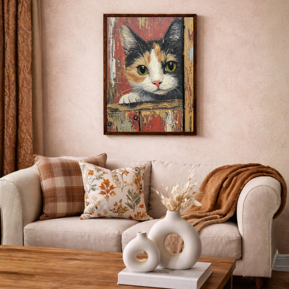 Rustic Kitten Portrait Wall Art Print, Vintage Farmhouse Cat Canvas Decor, Cozy Cottage Living Room Wall Decor, Large Framed Animal Wall Art