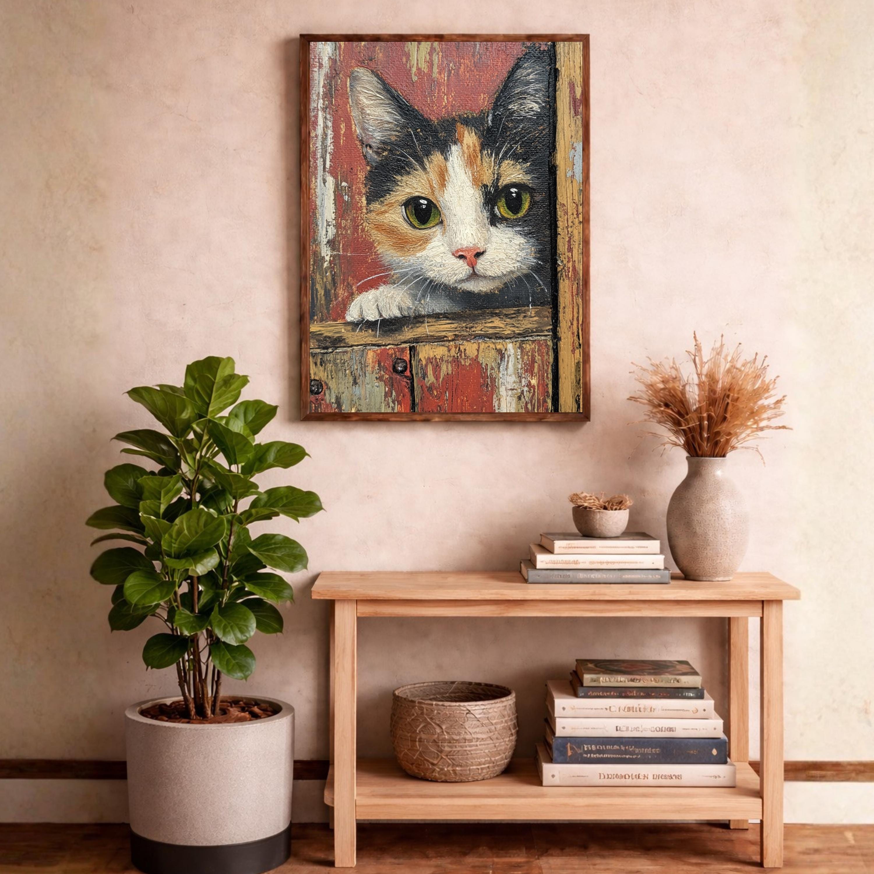 Rustic Kitten Portrait Wall Art Print, Vintage Farmhouse Cat Canvas Decor, Cozy Cottage Living Room Wall Decor, Large Framed Animal Wall Art