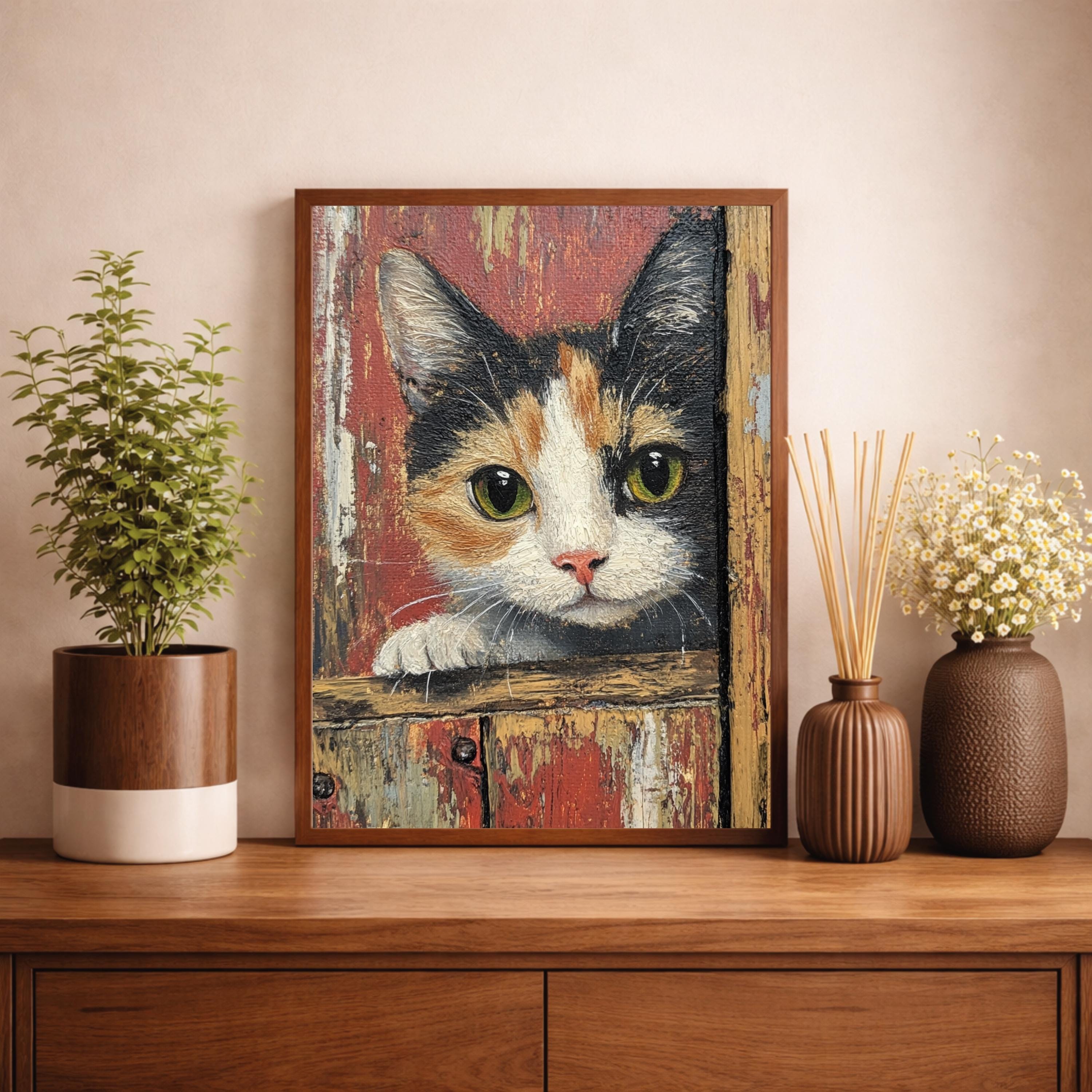 Rustic Kitten Portrait Wall Art Print, Vintage Farmhouse Cat Canvas Decor, Cozy Cottage Living Room Wall Decor, Large Framed Animal Wall Art