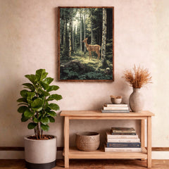Birch Forest Fawn Wall Art Print, Large Framed Woodland Deer Canvas Decor, Nature Living Room Wall Decor, Rustic Cabin Animal Wall Art Decor