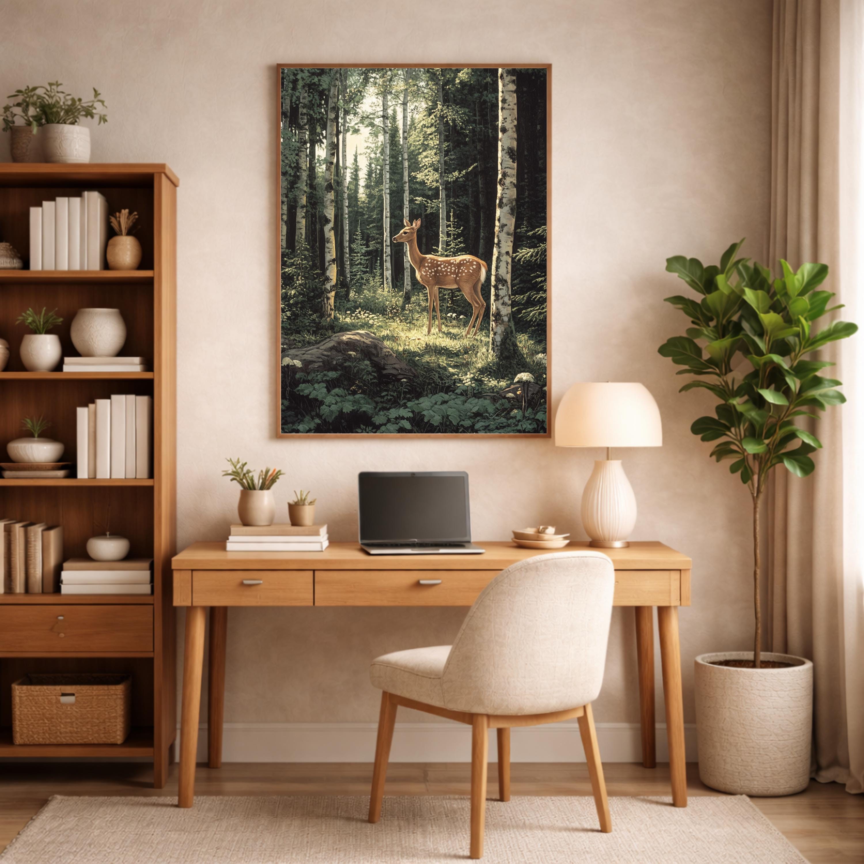 Birch Forest Fawn Wall Art Print, Large Framed Woodland Deer Canvas Decor, Nature Living Room Wall Decor, Rustic Cabin Animal Wall Art Decor