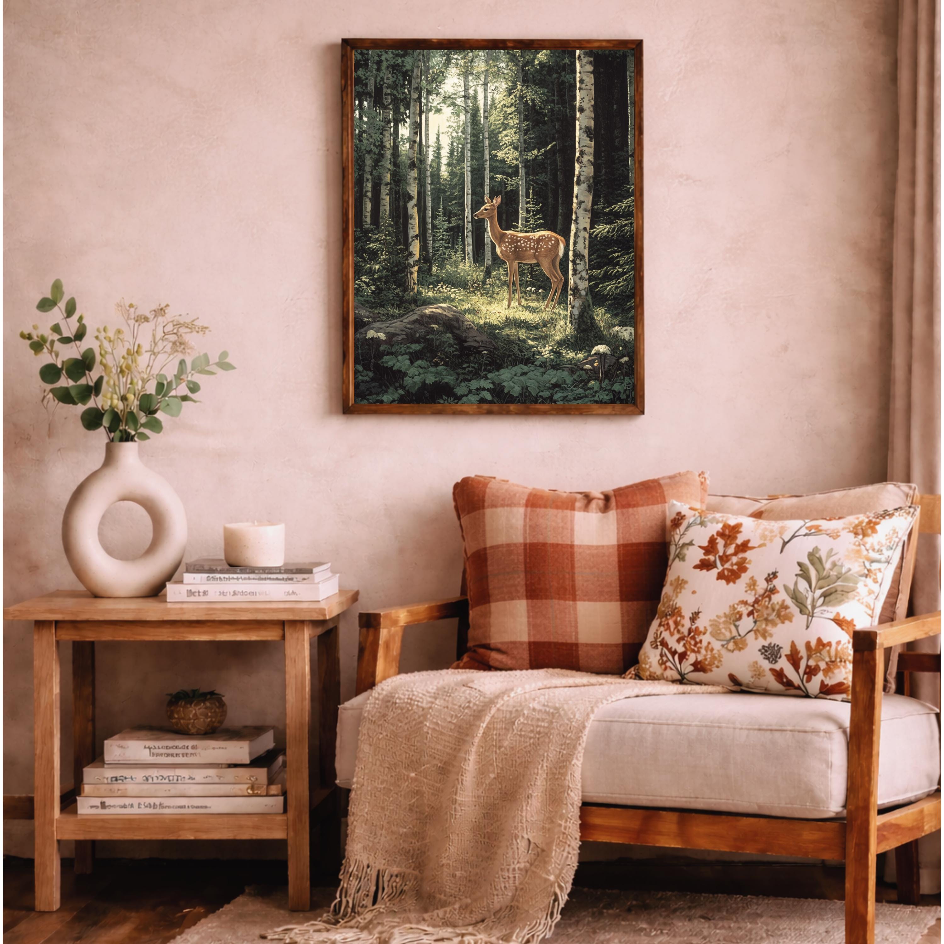 Birch Forest Fawn Wall Art Print, Large Framed Woodland Deer Canvas Decor, Nature Living Room Wall Decor, Rustic Cabin Animal Wall Art Decor