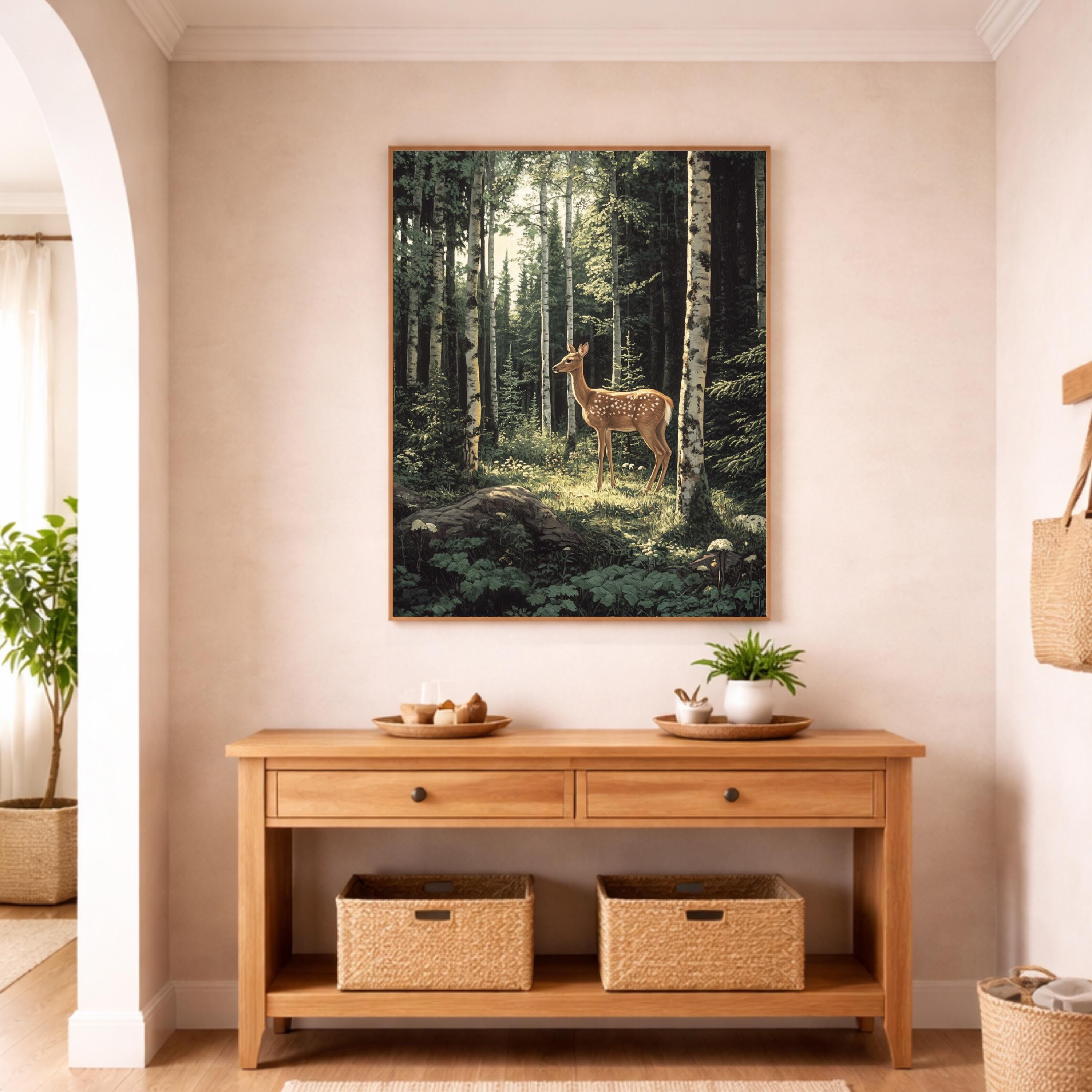 Birch Forest Fawn Wall Art Print, Large Framed Woodland Deer Canvas Decor, Nature Living Room Wall Decor, Rustic Cabin Animal Wall Art Decor