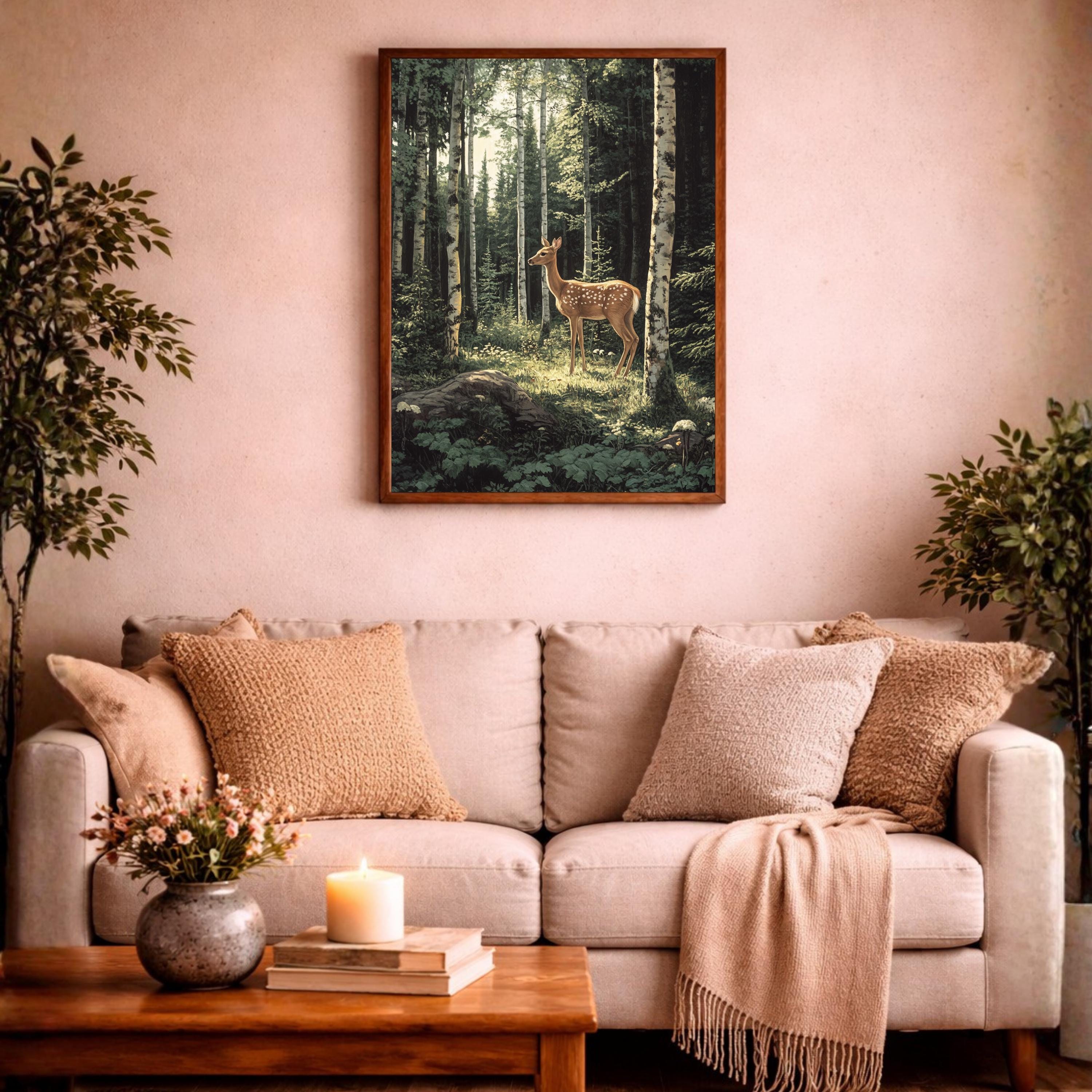 Birch Forest Fawn Wall Art Print, Large Framed Woodland Deer Canvas Decor, Nature Living Room Wall Decor, Rustic Cabin Animal Wall Art Decor