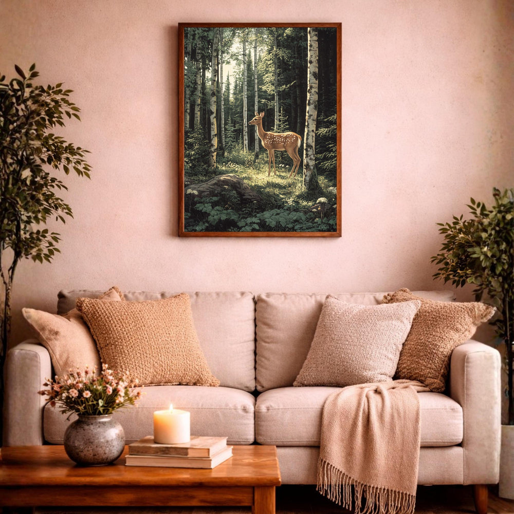 Birch Forest Fawn Wall Art Print, Large Framed Woodland Deer Canvas Decor, Nature Living Room Wall Decor, Rustic Cabin Animal Wall Art Decor