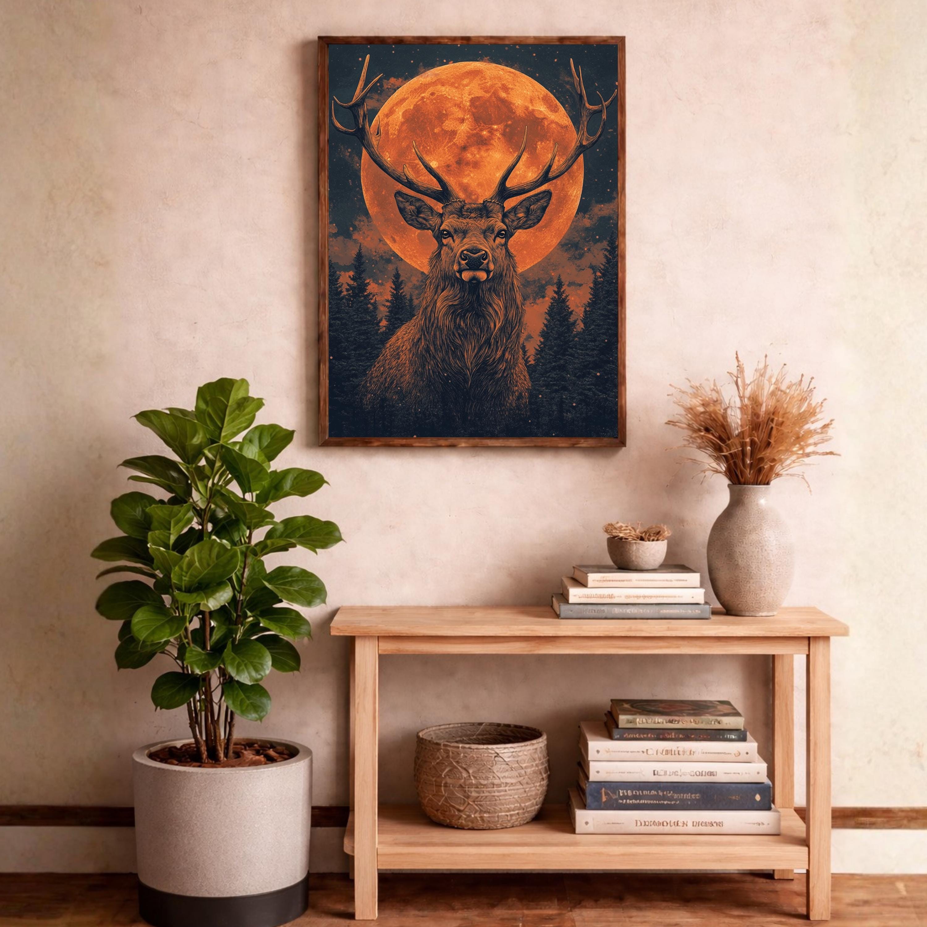 Lunar Stag Portrait Wall Art Print, Ember Moon Deer Canvas Decor, Night Forest Living Room Wall Decor, Rustic Cabin Animal Wall Art