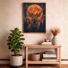 Lunar Stag Portrait Wall Art Print, Ember Moon Deer Canvas Decor, Night Forest Living Room Wall Decor, Rustic Cabin Animal Wall Art