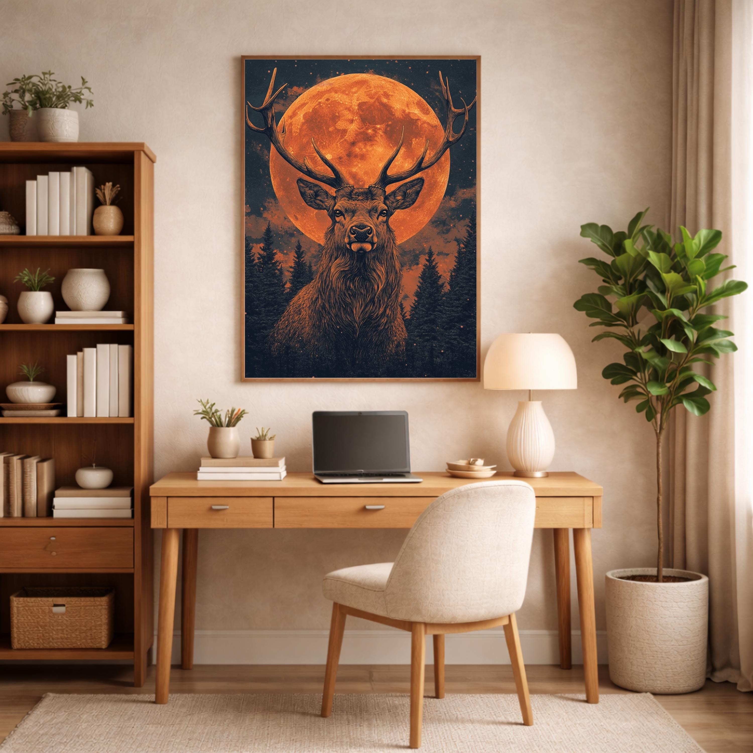 Lunar Stag Portrait Wall Art Print, Ember Moon Deer Canvas Decor, Night Forest Living Room Wall Decor, Rustic Cabin Animal Wall Art
