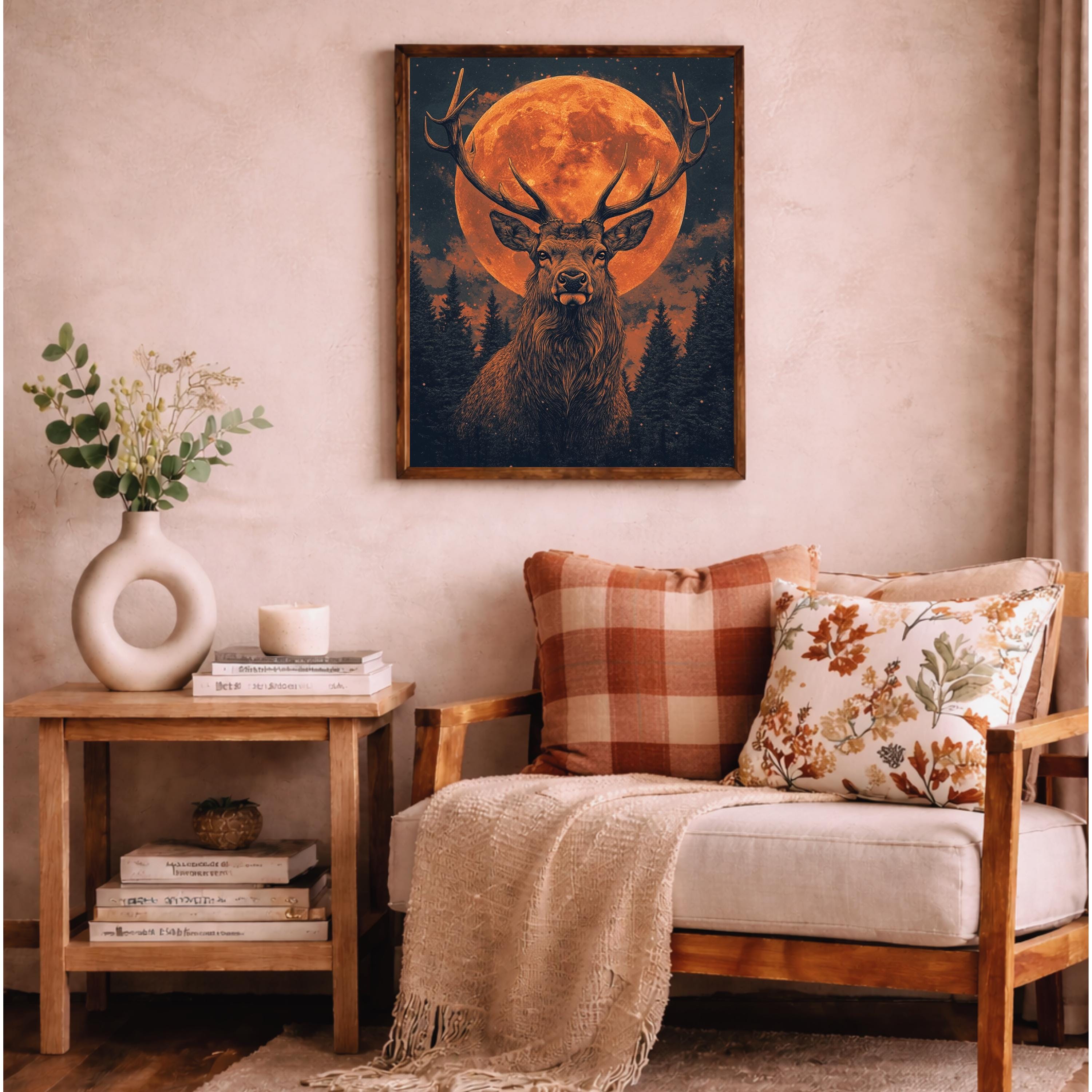 Lunar Stag Portrait Wall Art Print, Ember Moon Deer Canvas Decor, Night Forest Living Room Wall Decor, Rustic Cabin Animal Wall Art