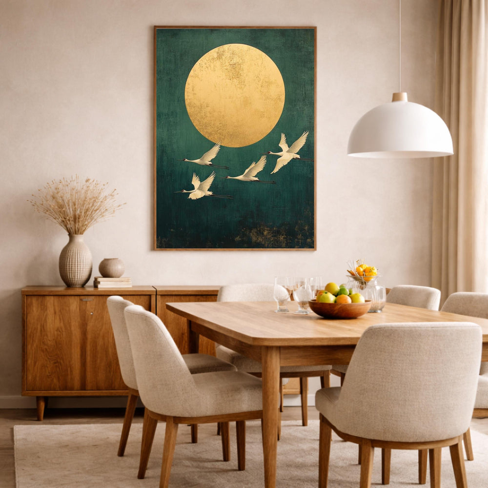 Gold Sun Crane Wall Art Print, Serene Bird Flight Canvas Decor, Minimal Oriental Living Room Wall Decor, Large Framed Nature Wall Art Print
