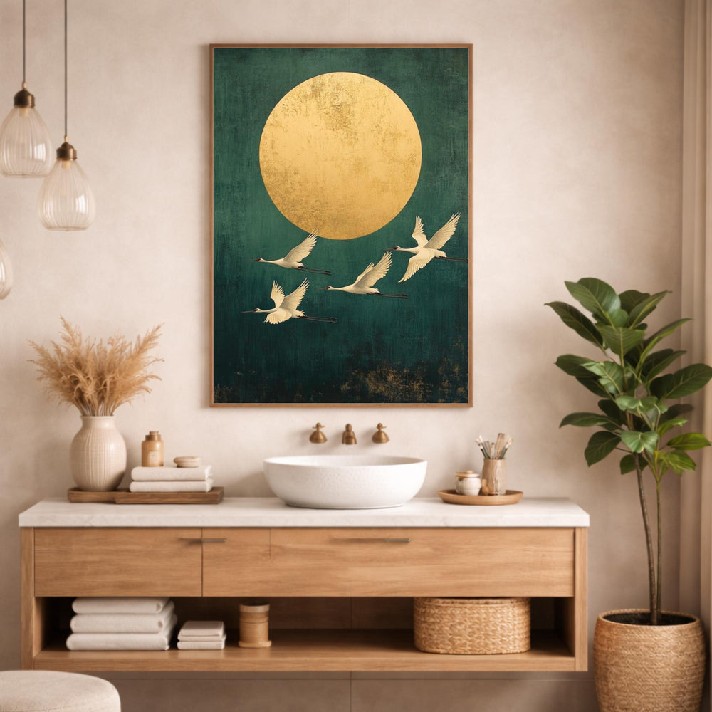 Gold Sun Crane Wall Art Print, Serene Bird Flight Canvas Decor, Minimal Oriental Living Room Wall Decor, Large Framed Nature Wall Art Print