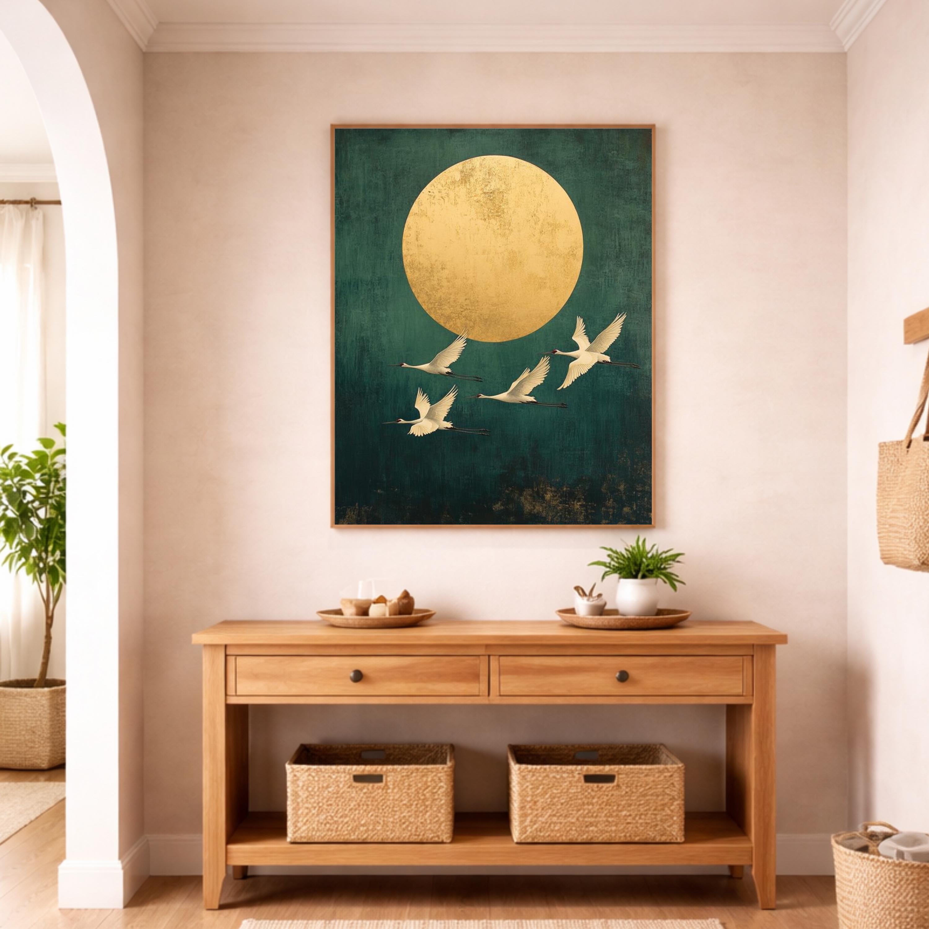 Gold Sun Crane Wall Art Print, Serene Bird Flight Canvas Decor, Minimal Oriental Living Room Wall Decor, Large Framed Nature Wall Art Print
