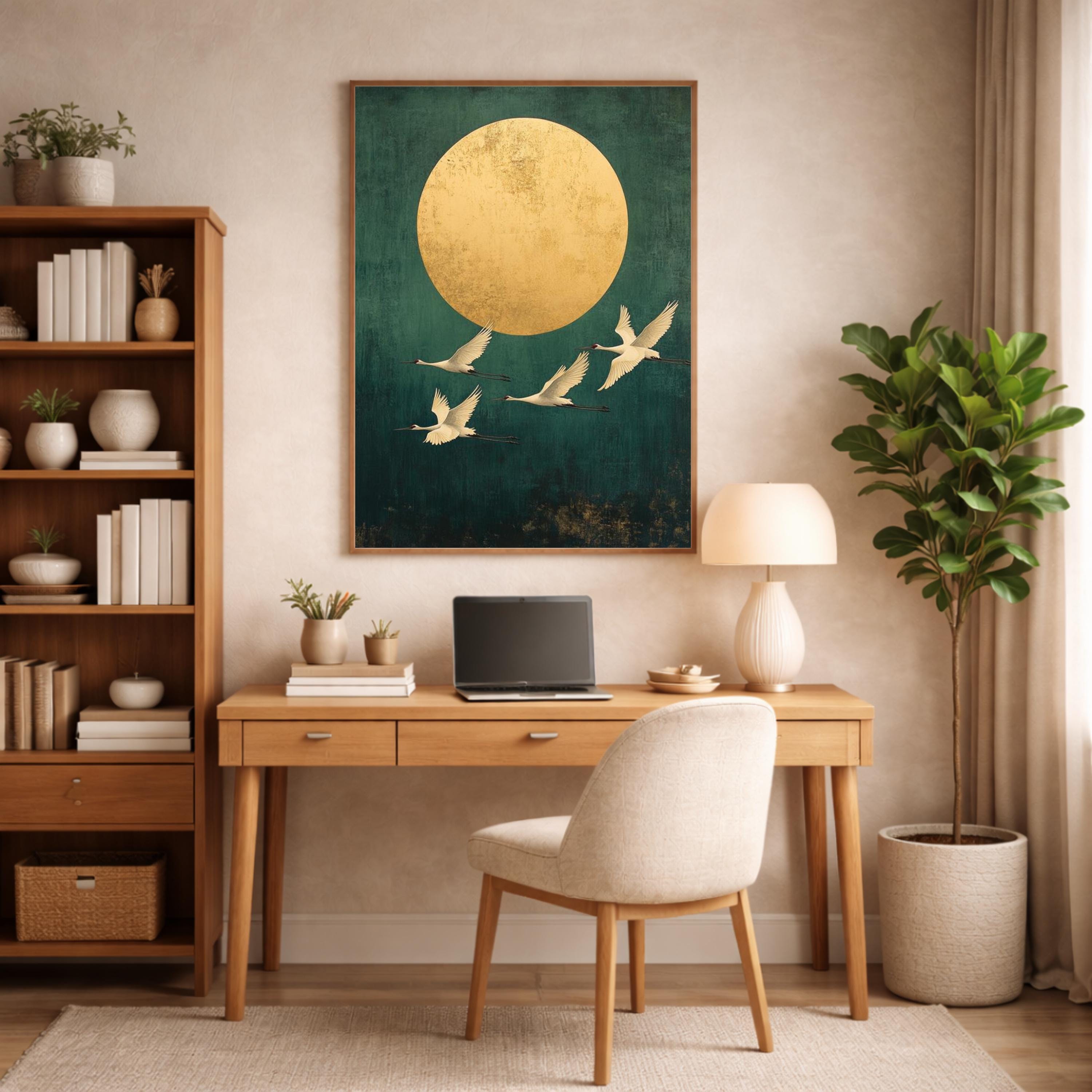 Gold Sun Crane Wall Art Print, Serene Bird Flight Canvas Decor, Minimal Oriental Living Room Wall Decor, Large Framed Nature Wall Art Print