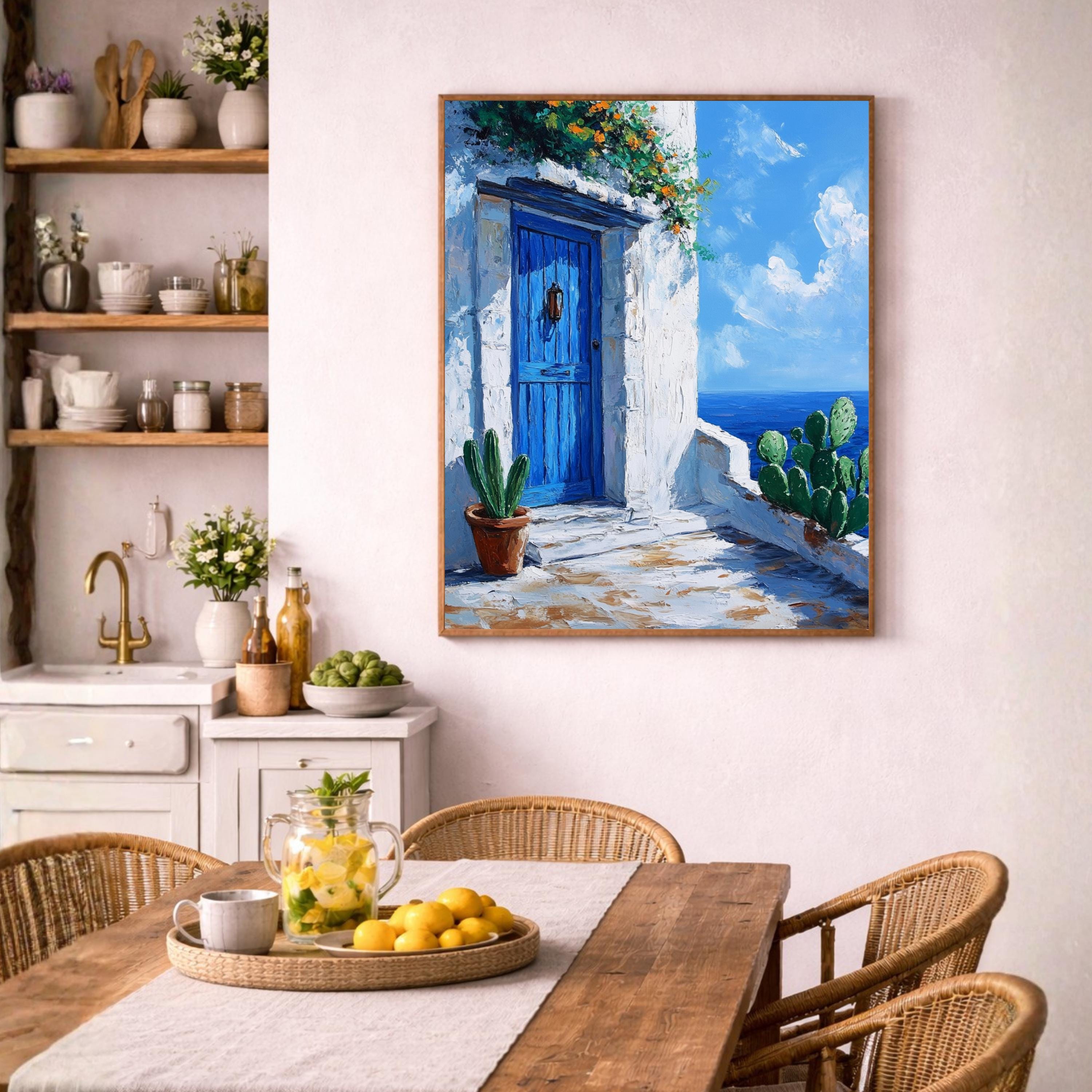 Seaside Blue Doorway Wall Art Print, Large Framed Sunlit Coastal Entry Canvas Decor, Mediterranean Living Room Wall Decor, European Home Art