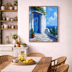 Seaside Blue Doorway Wall Art Print, Large Framed Sunlit Coastal Entry Canvas Decor, Mediterranean Living Room Wall Decor, European Home Art