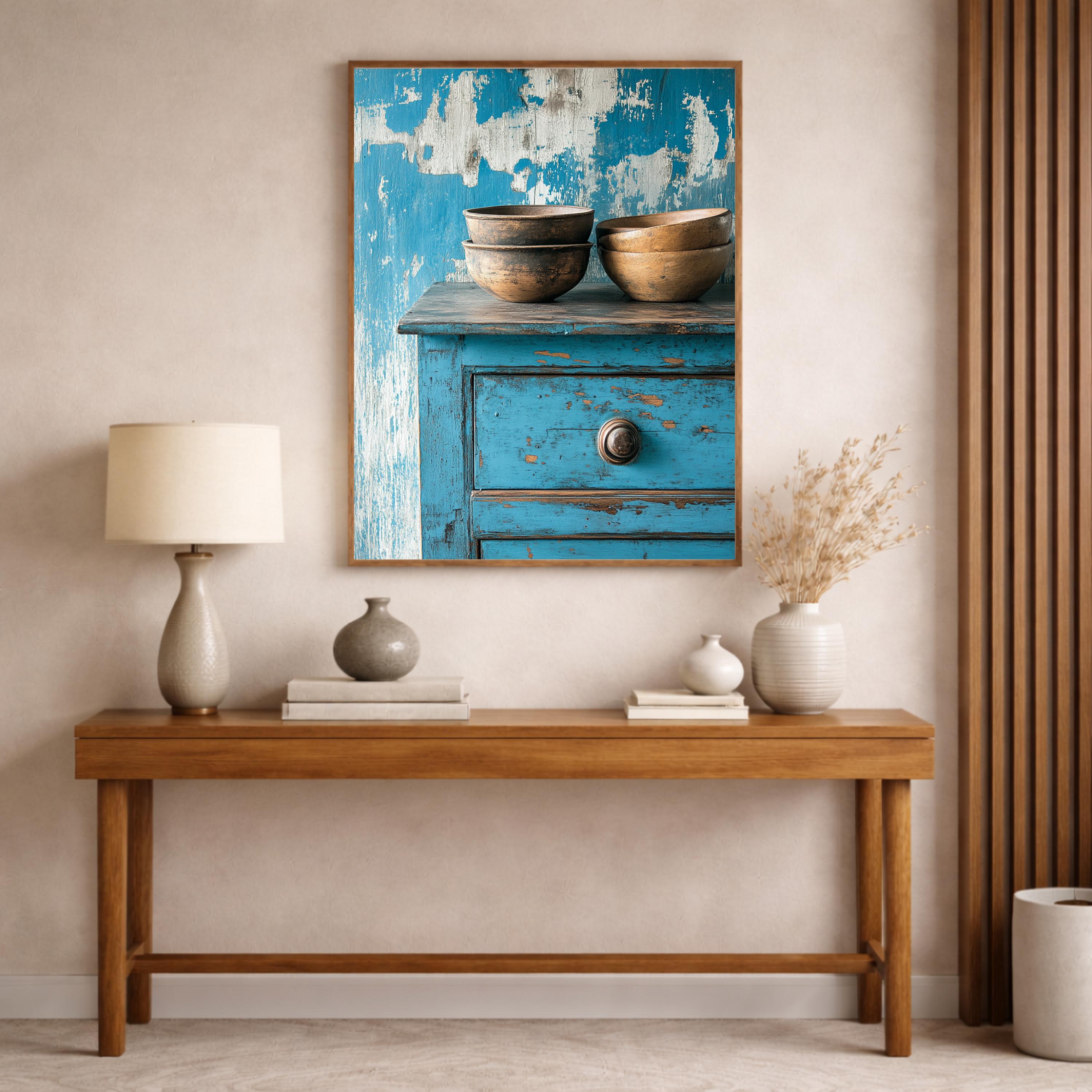 Weathered Blue Cabinet Wall Art Print, Rustic Kitchen Still Life Canvas, Large Frame Wood Bowl Farmhouse Decor,Distressed Furniture Wall Art