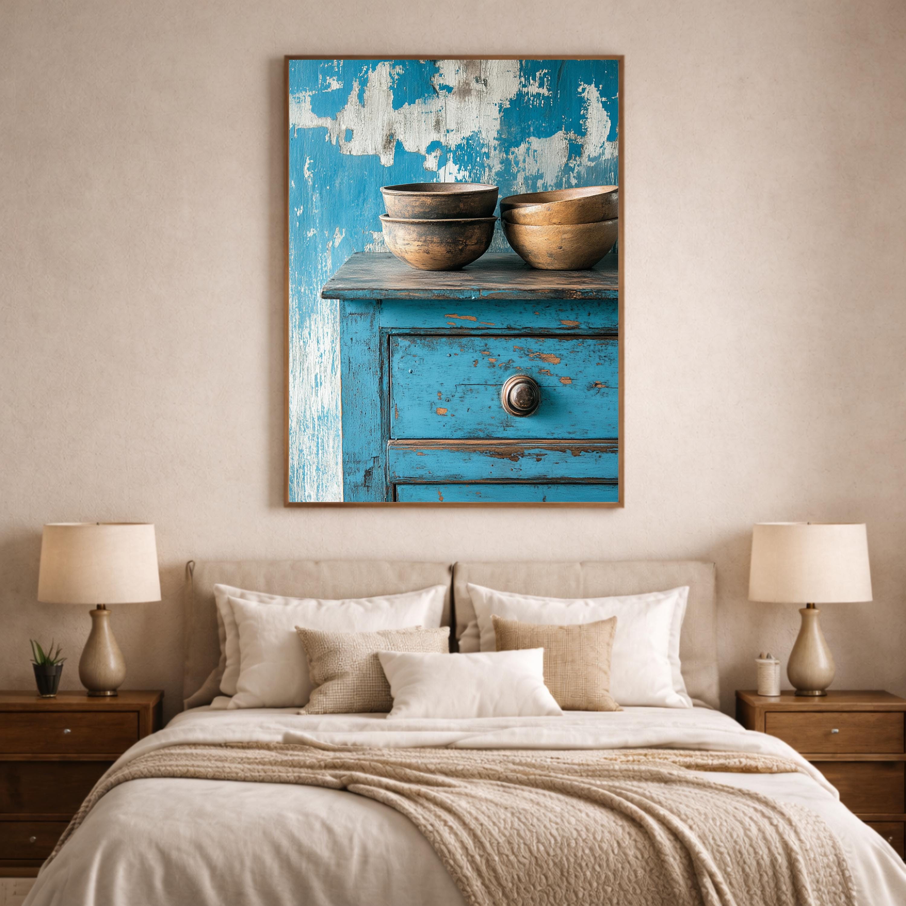 Weathered Blue Cabinet Wall Art Print, Rustic Kitchen Still Life Canvas, Large Frame Wood Bowl Farmhouse Decor,Distressed Furniture Wall Art