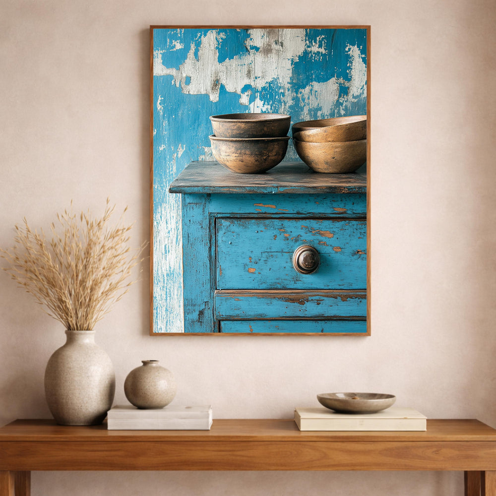 Weathered Blue Cabinet Wall Art Print, Rustic Kitchen Still Life Canvas, Large Frame Wood Bowl Farmhouse Decor,Distressed Furniture Wall Art