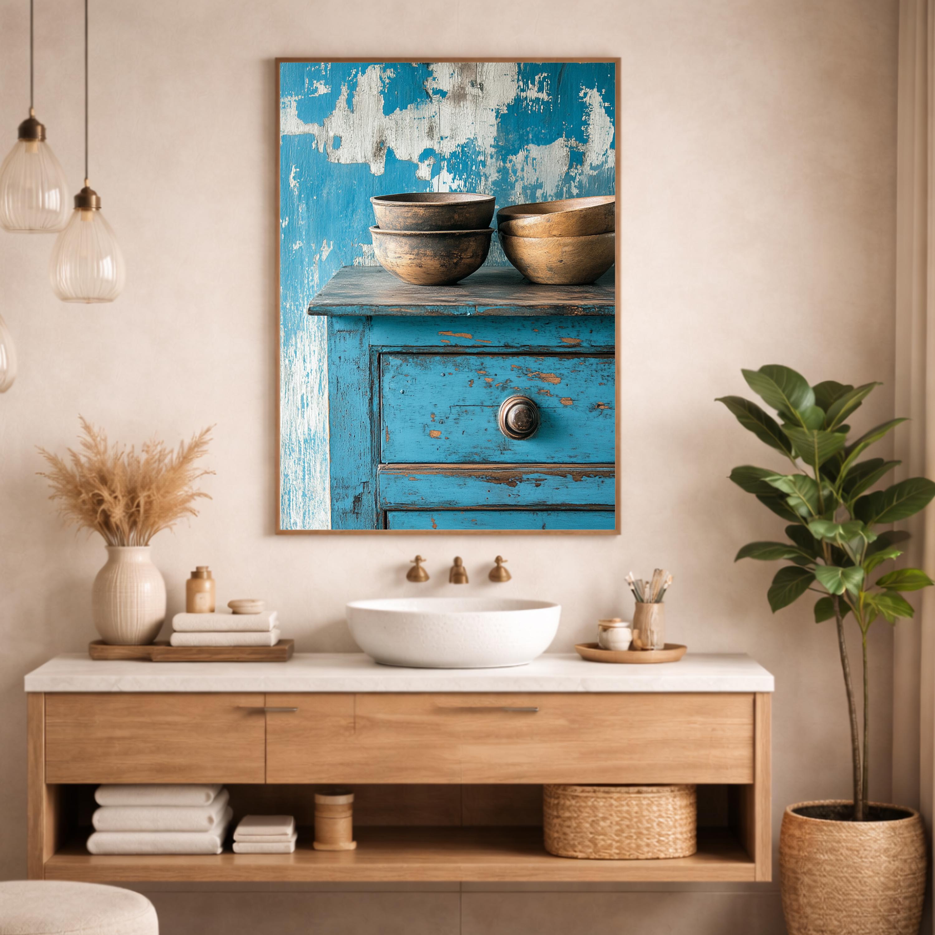 Weathered Blue Cabinet Wall Art Print, Rustic Kitchen Still Life Canvas, Large Frame Wood Bowl Farmhouse Decor,Distressed Furniture Wall Art