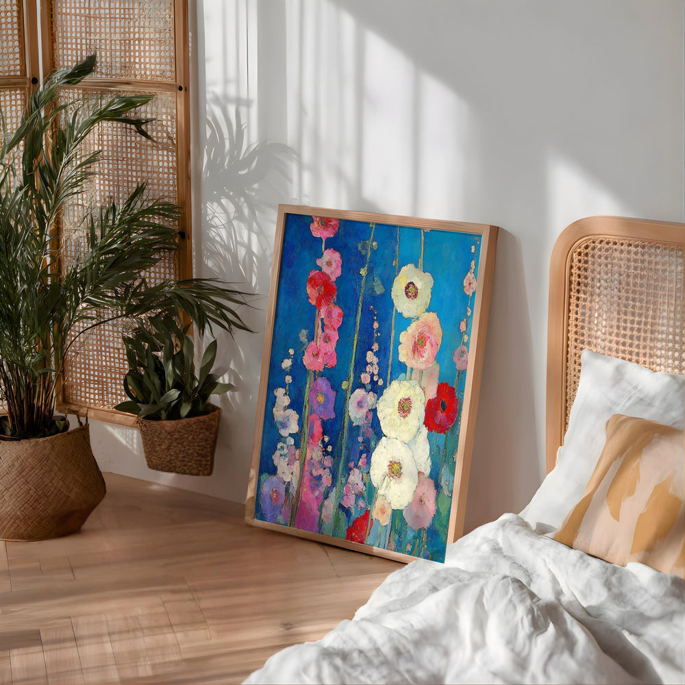 Blue Floral Wall Art, Vibrant Garden Flower Print, Rustic Cottage Framed Canvas, Botanical Home Decor, Colorful Bloom Accent