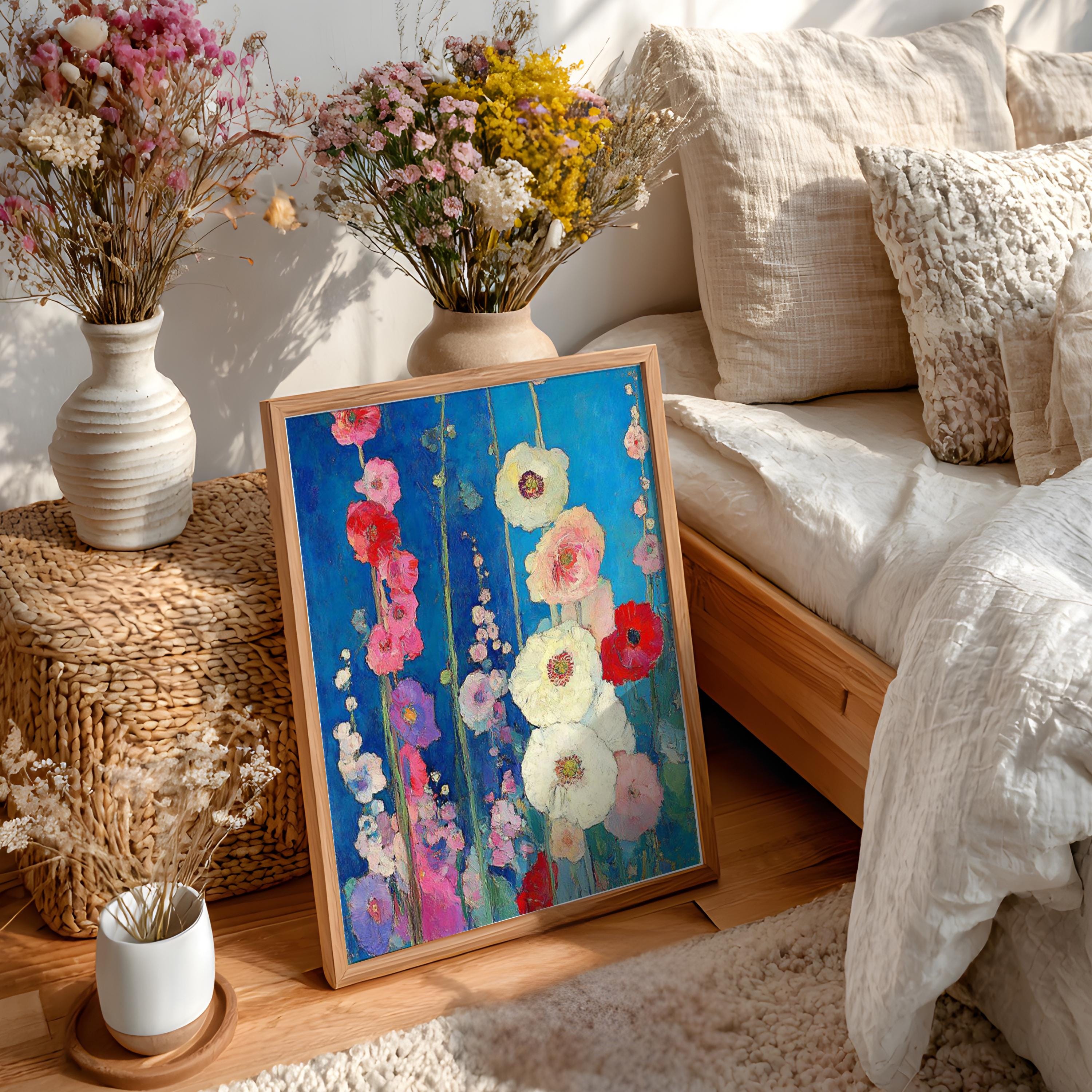 Blue Floral Wall Art, Vibrant Garden Flower Print, Rustic Cottage Framed Canvas, Botanical Home Decor, Colorful Bloom Accent