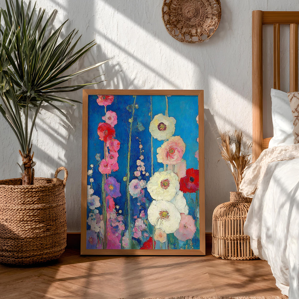 Blue Floral Wall Art, Vibrant Garden Flower Print, Rustic Cottage Framed Canvas, Botanical Home Decor, Colorful Bloom Accent