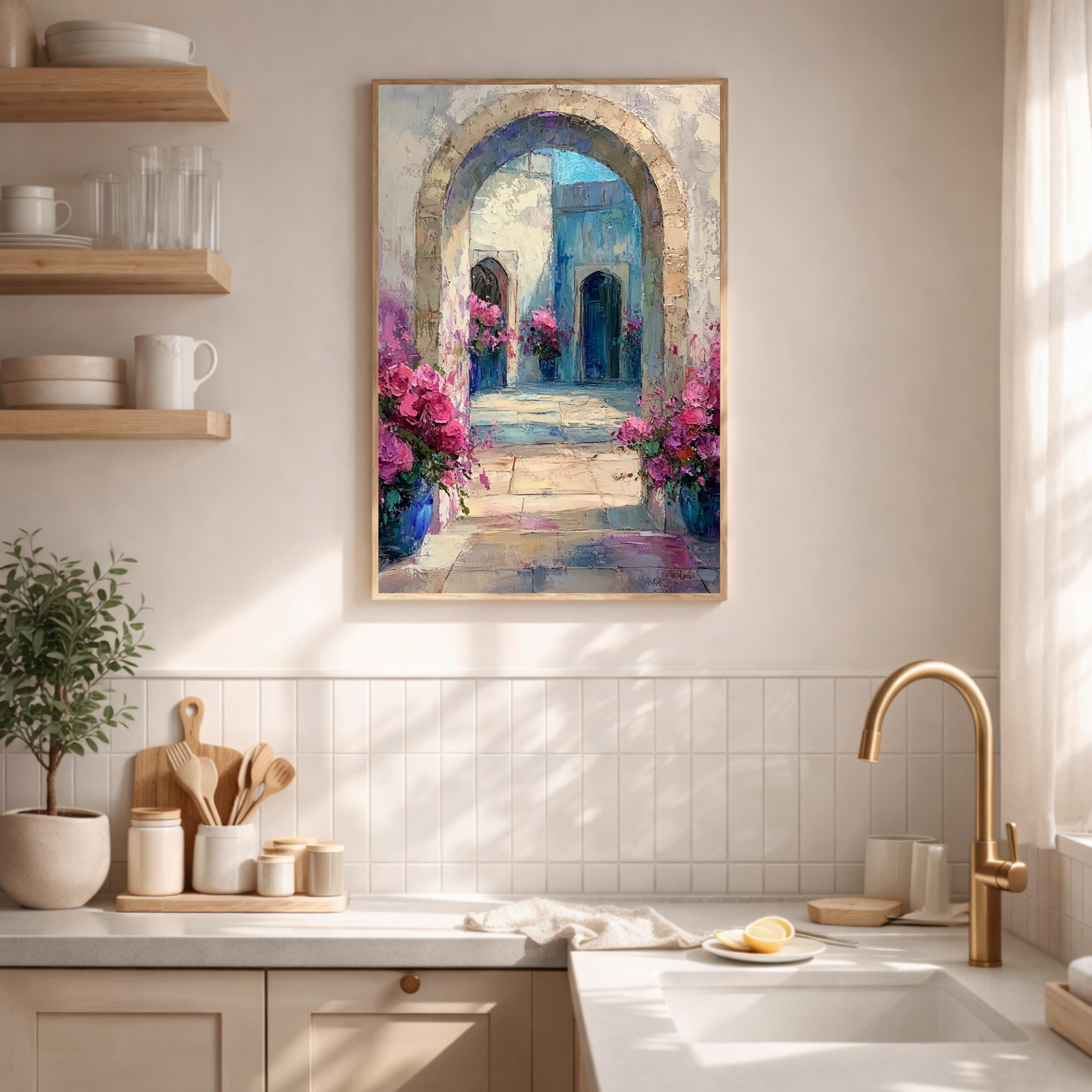 Mediterranean Archway Wall Art, Blue Door Floral Courtyard Framed Canvas, European Garden Artwork Print, Romantic Home Decor