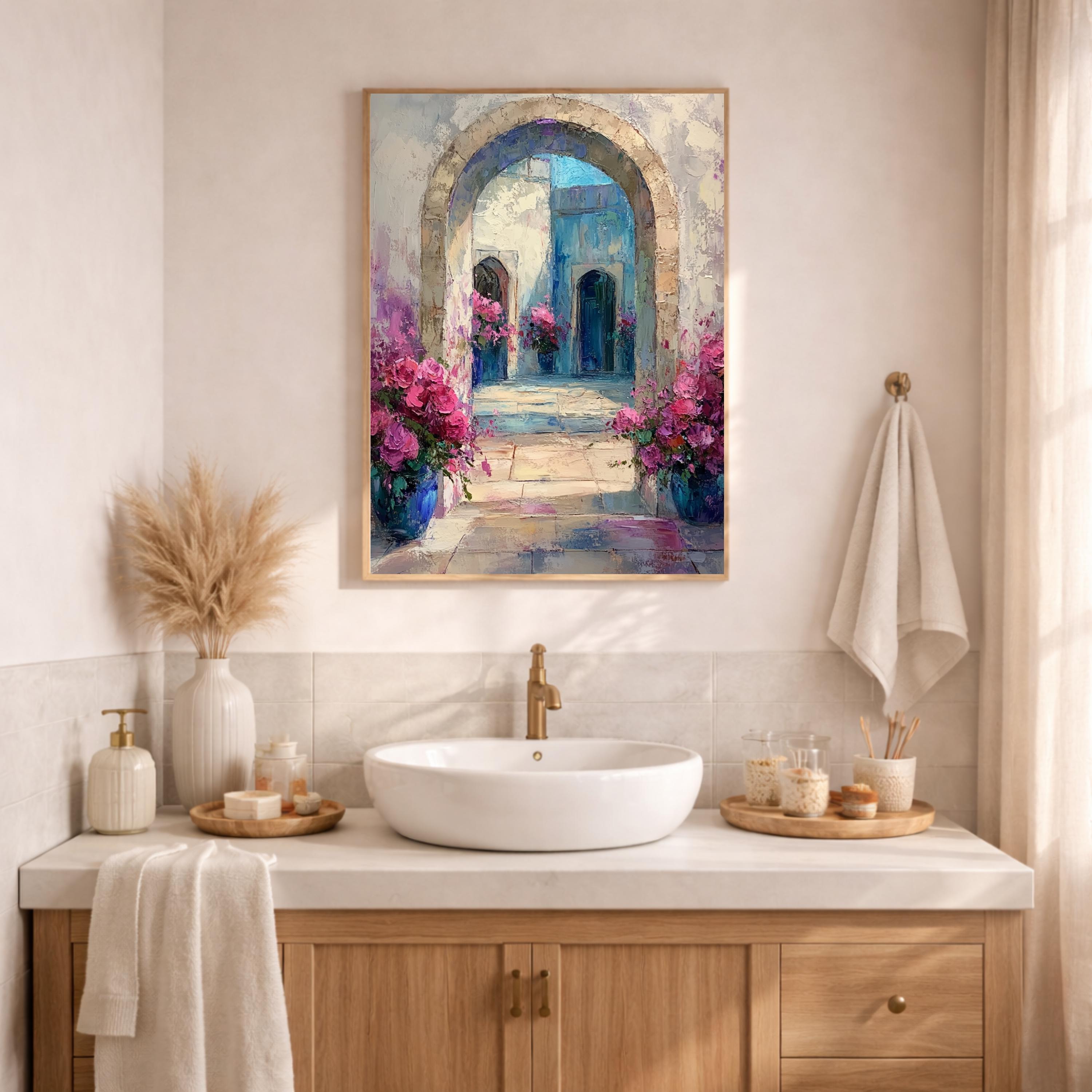 Mediterranean Archway Wall Art, Blue Door Floral Courtyard Framed Canvas, European Garden Artwork Print, Romantic Home Decor