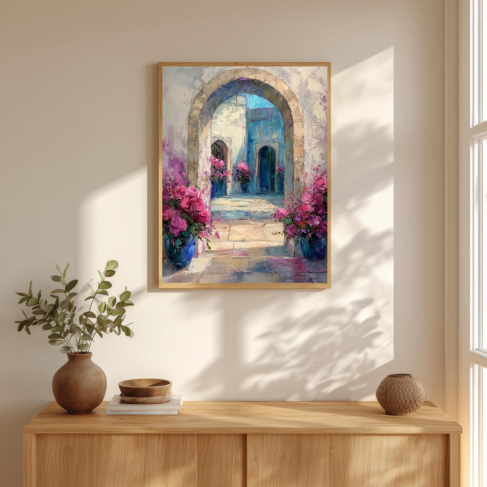 Mediterranean Archway Wall Art, Blue Door Floral Courtyard Framed Canvas, European Garden Artwork Print, Romantic Home Decor