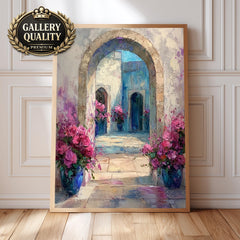 Mediterranean Archway Wall Art, Blue Door Floral Courtyard Framed Canvas, European Garden Artwork Print, Romantic Home Decor
