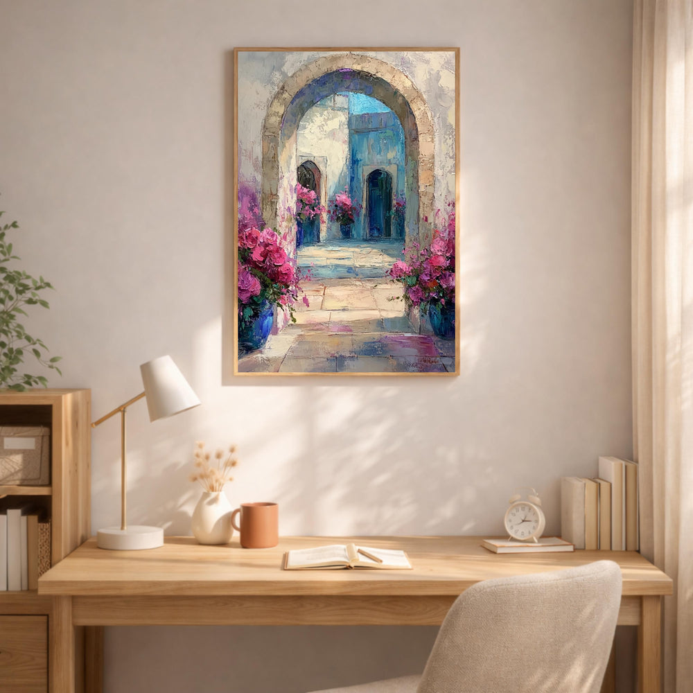 Mediterranean Archway Wall Art, Blue Door Floral Courtyard Framed Canvas, European Garden Artwork Print, Romantic Home Decor