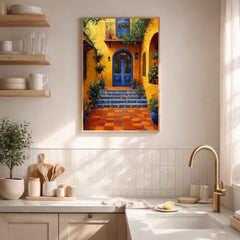 Spanish Courtyard Wall Art, Yellow Villa Door Framed Canvas, Mediterranean Patio Floral Artwork Print, Vibrant Rustic Home Decor