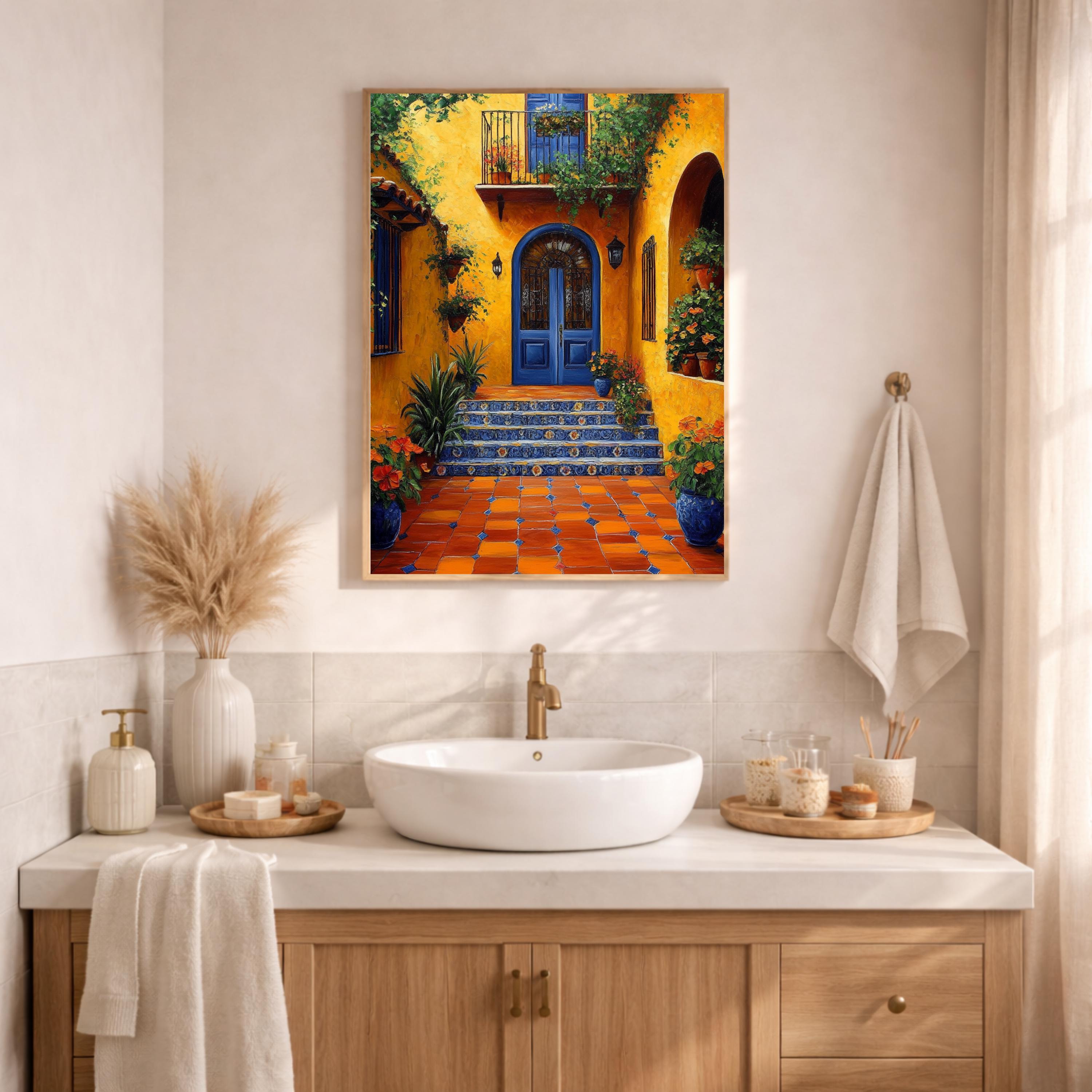 Spanish Courtyard Wall Art, Yellow Villa Door Framed Canvas, Mediterranean Patio Floral Artwork Print, Vibrant Rustic Home Decor