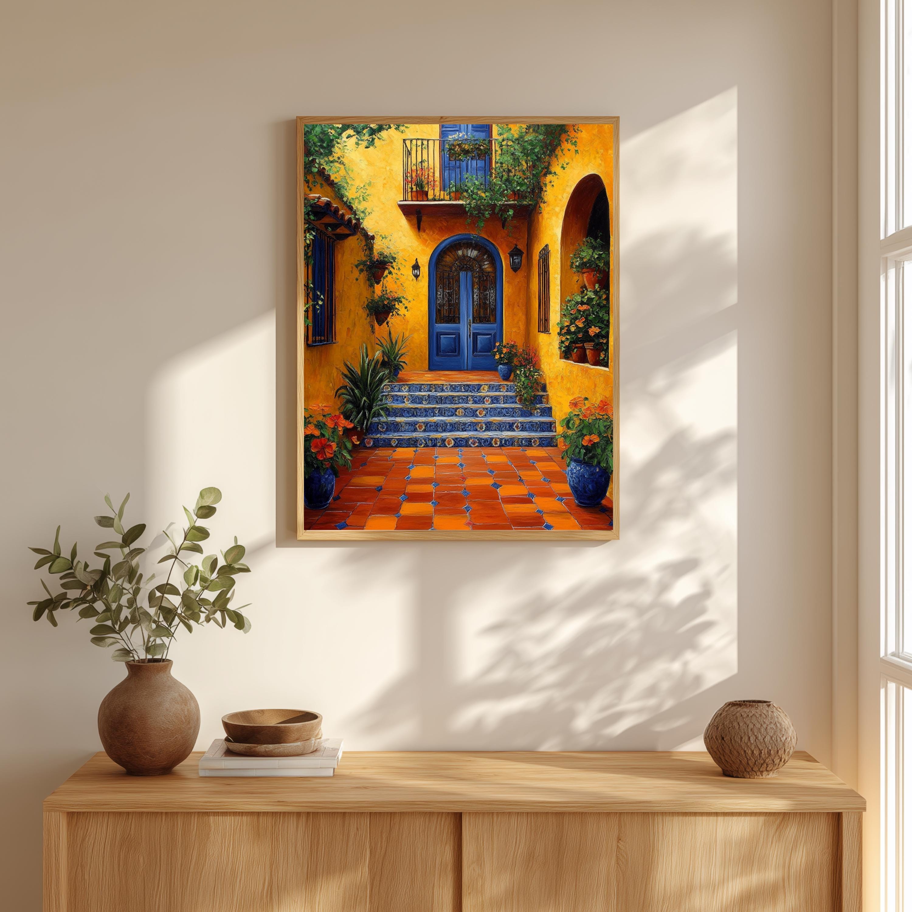 Spanish Courtyard Wall Art, Yellow Villa Door Framed Canvas, Mediterranean Patio Floral Artwork Print, Vibrant Rustic Home Decor