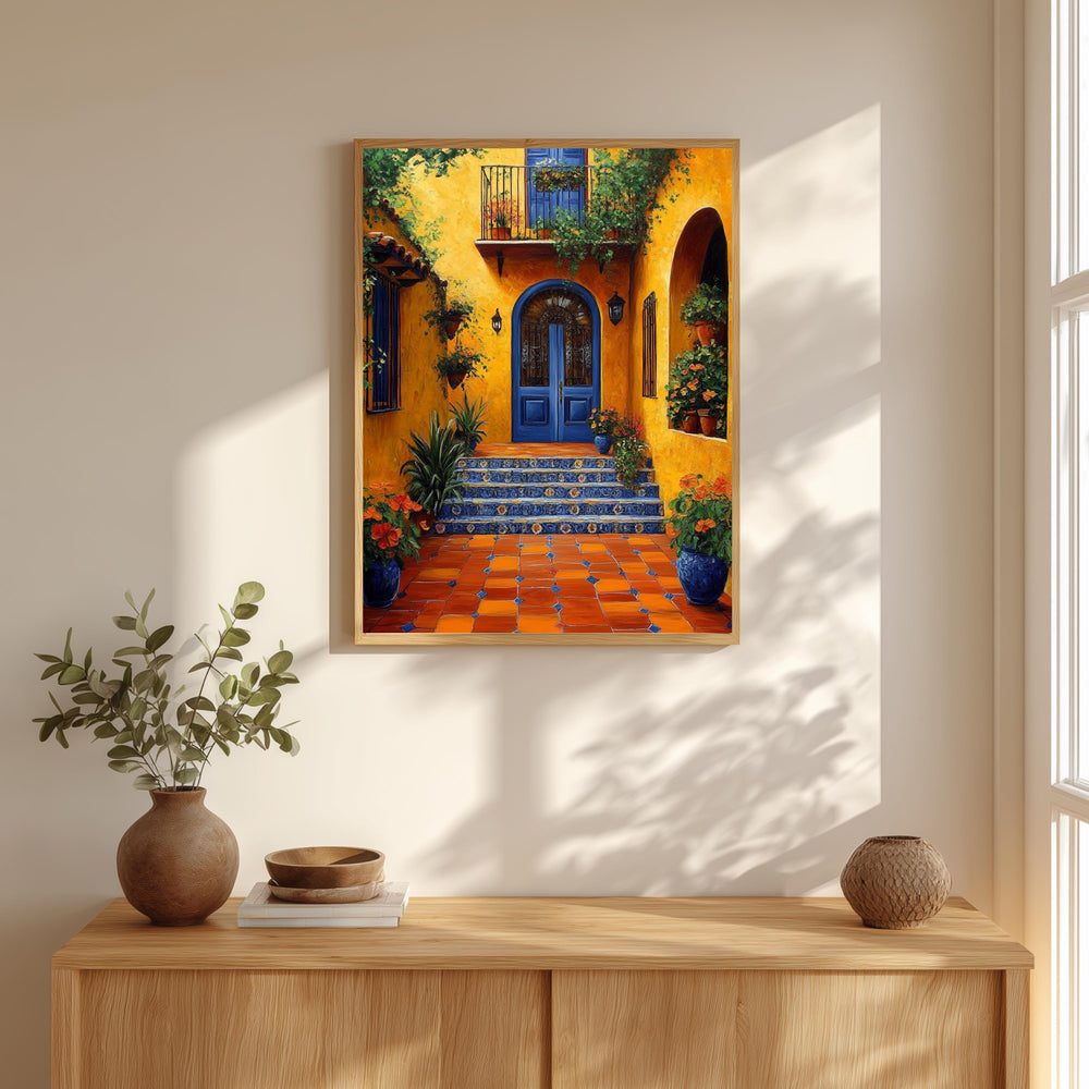 Spanish Courtyard Wall Art, Yellow Villa Door Framed Canvas, Mediterranean Patio Floral Artwork Print, Vibrant Rustic Home Decor