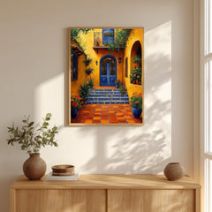 Spanish Courtyard Wall Art, Yellow Villa Door Framed Canvas, Mediterranean Patio Floral Artwork Print, Vibrant Rustic Home Decor
