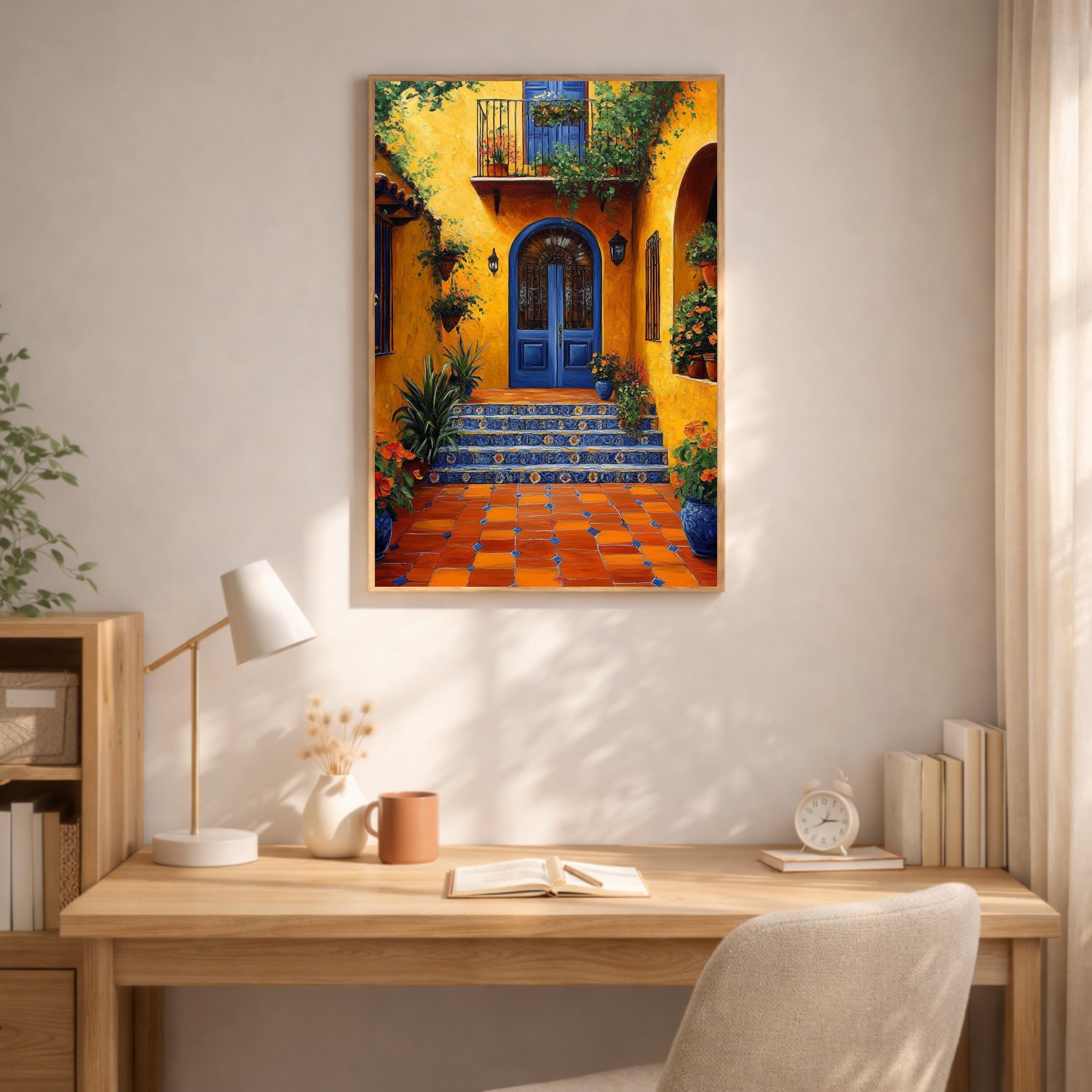 Spanish Courtyard Wall Art, Yellow Villa Door Framed Canvas, Mediterranean Patio Floral Artwork Print, Vibrant Rustic Home Decor