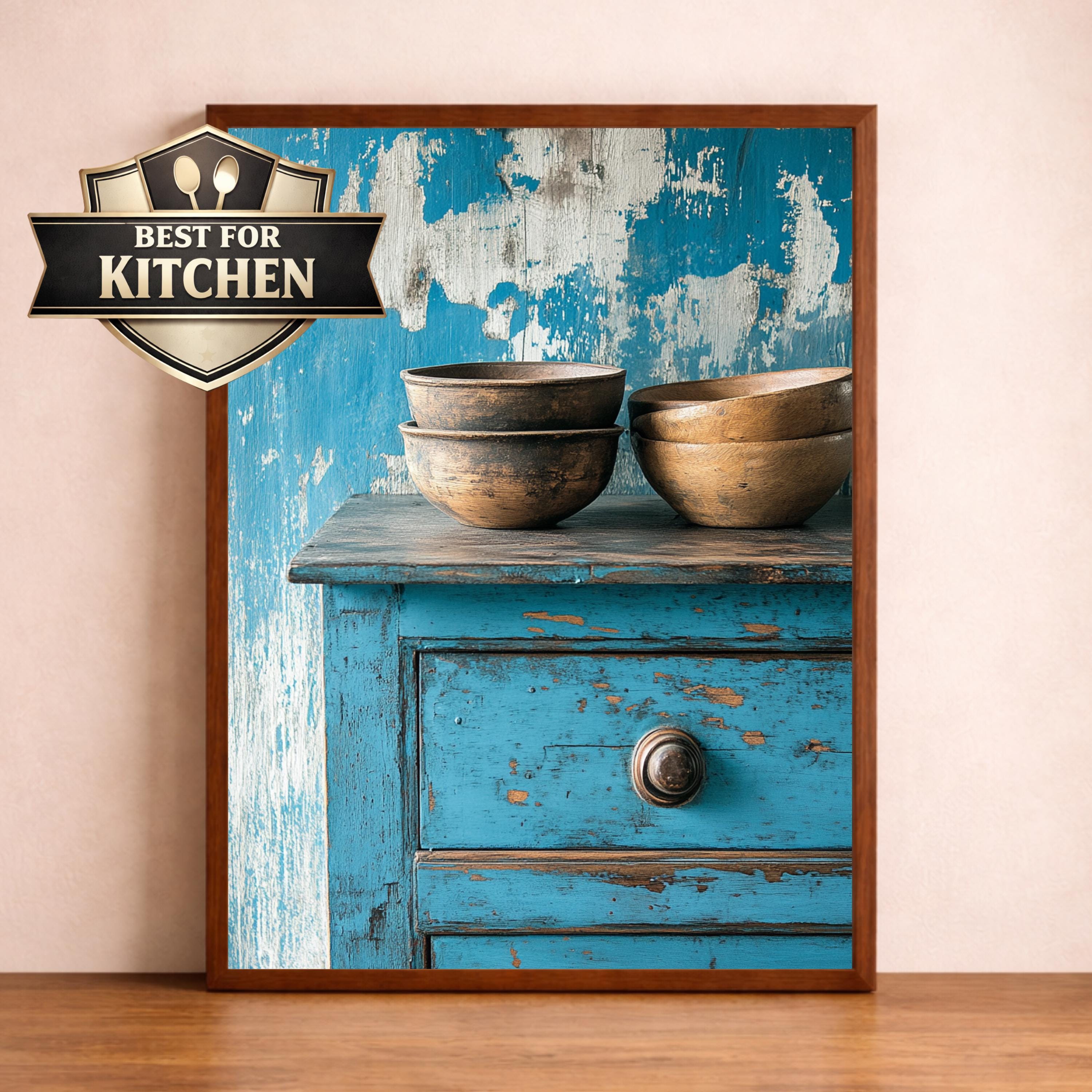Weathered Blue Cabinet Wall Art Print, Rustic Kitchen Still Life Canvas, Large Frame Wood Bowl Farmhouse Decor,Distressed Furniture Wall Art