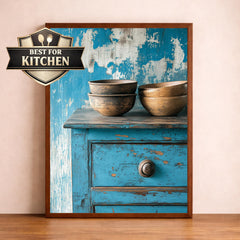 Weathered Blue Cabinet Wall Art Print, Rustic Kitchen Still Life Canvas, Large Frame Wood Bowl Farmhouse Decor,Distressed Furniture Wall Art