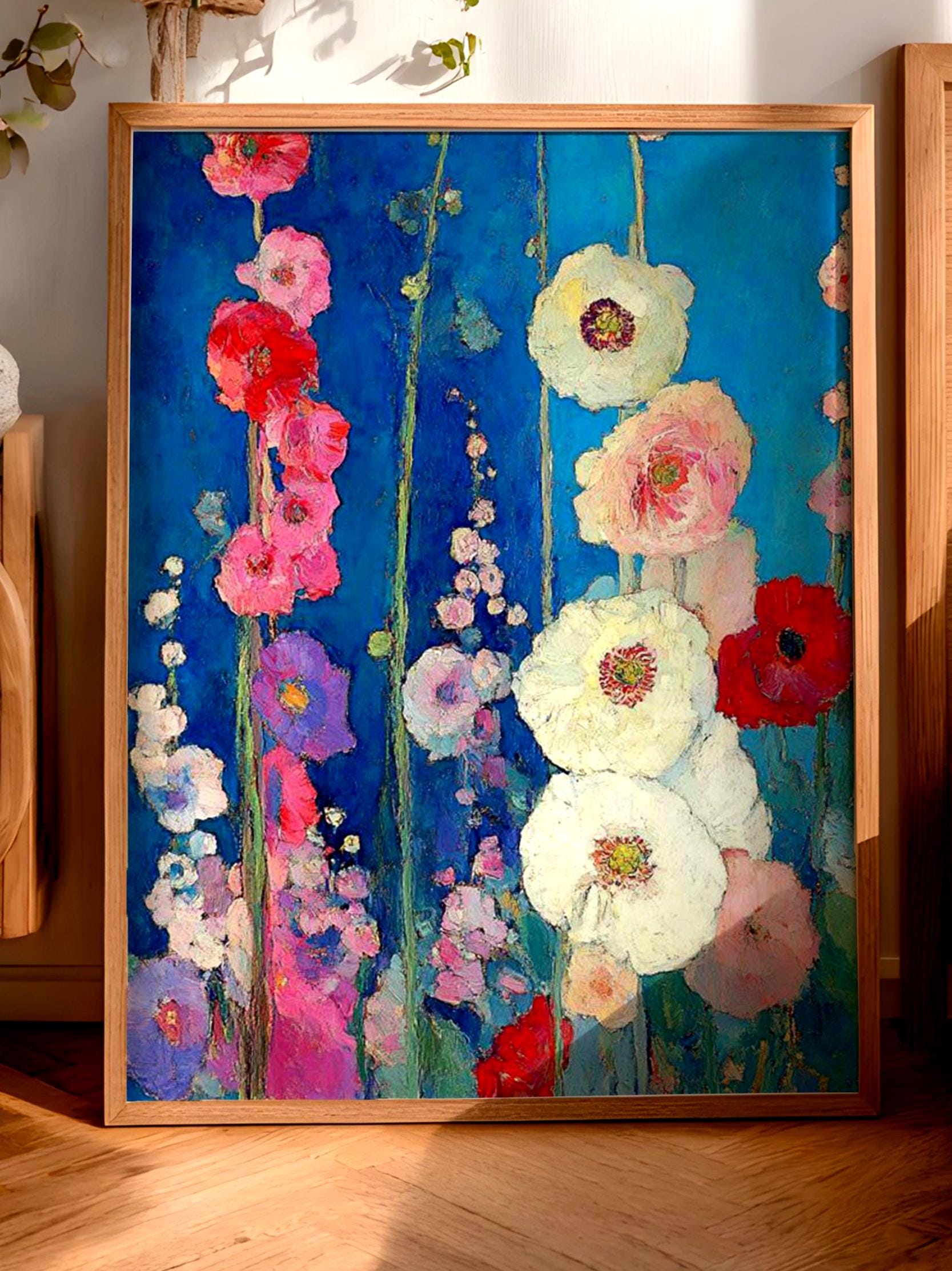 Blue Floral Wall Art, Vibrant Garden Flower Print, Rustic Cottage Framed Canvas, Botanical Home Decor, Colorful Bloom Accent