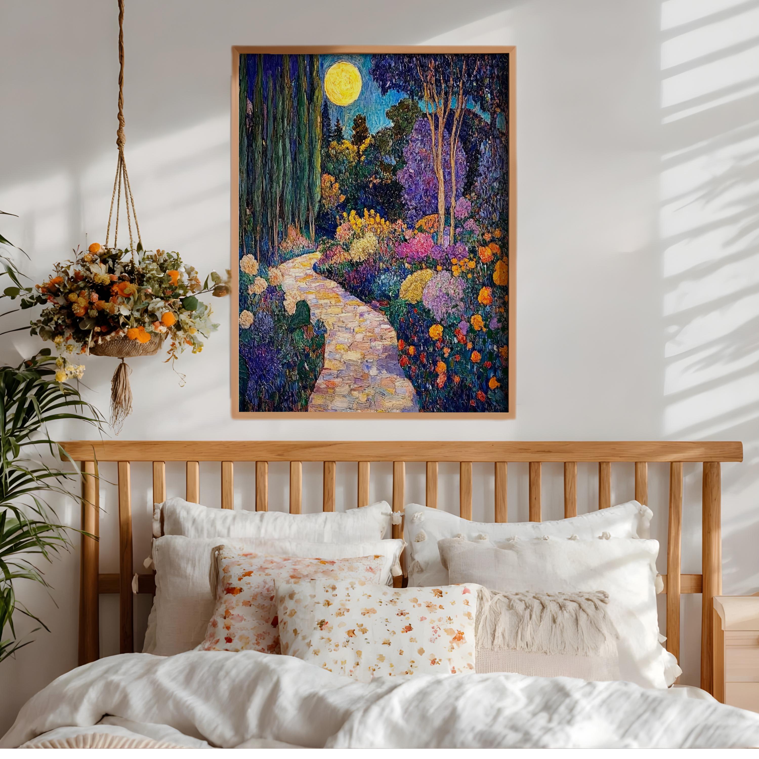 Moonlit Garden Wall Art, Night Floral Landscape Print, Romantic Cottage Framed Canvas, Vintage Inspired Home Decor, Dreamy Path Accent