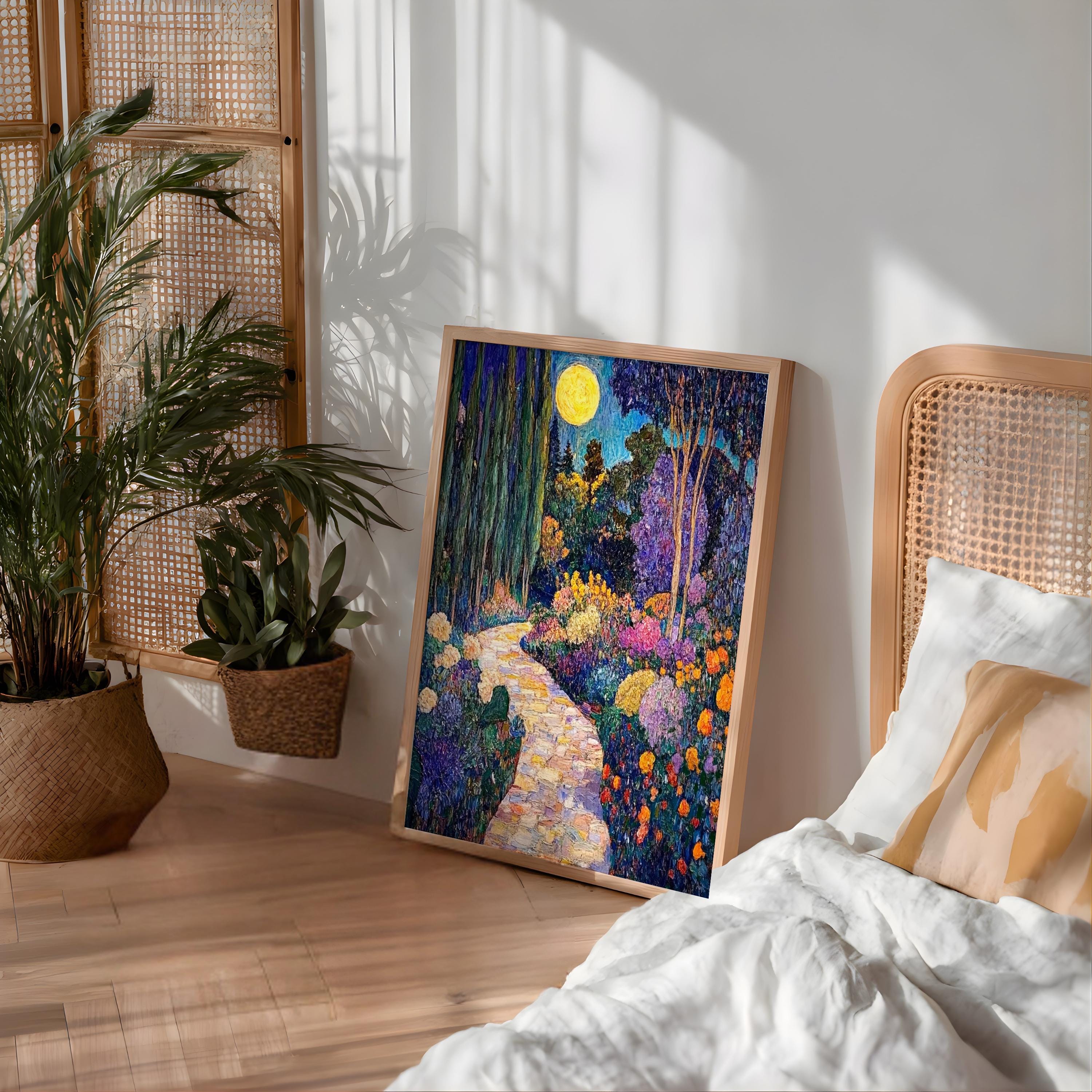Moonlit Garden Wall Art, Night Floral Landscape Print, Romantic Cottage Framed Canvas, Vintage Inspired Home Decor, Dreamy Path Accent