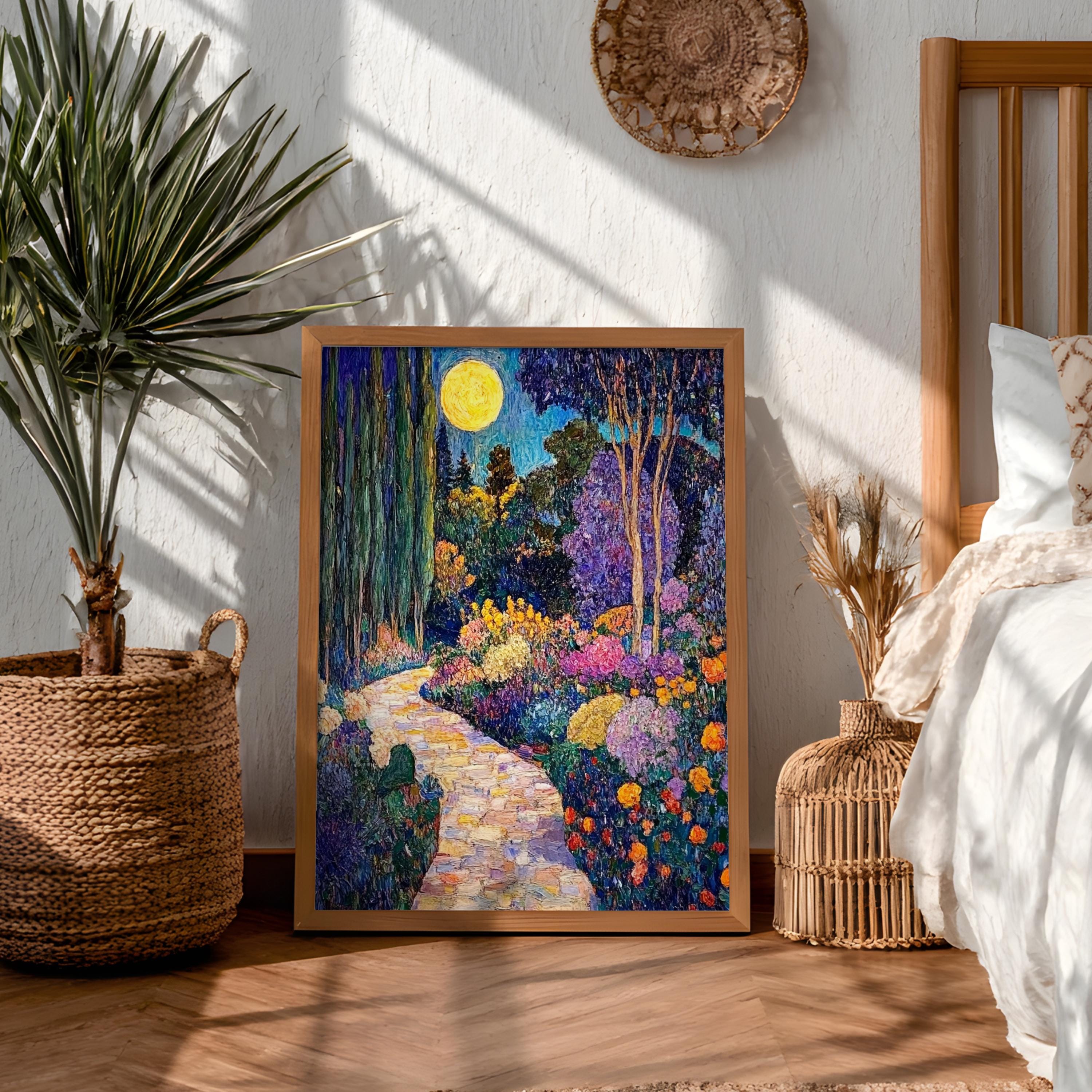 Moonlit Garden Wall Art, Night Floral Landscape Print, Romantic Cottage Framed Canvas, Vintage Inspired Home Decor, Dreamy Path Accent