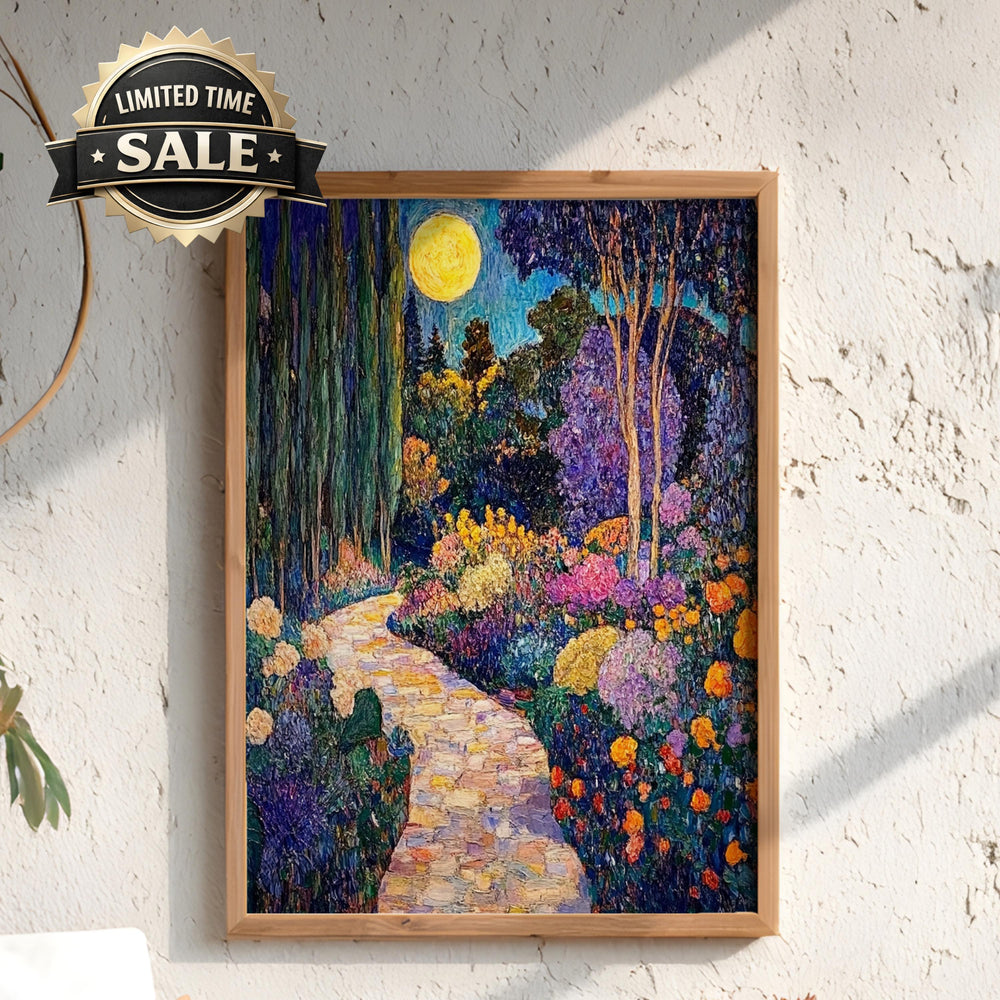 Moonlit Garden Wall Art, Night Floral Landscape Print, Romantic Cottage Framed Canvas, Vintage Inspired Home Decor, Dreamy Path Accent