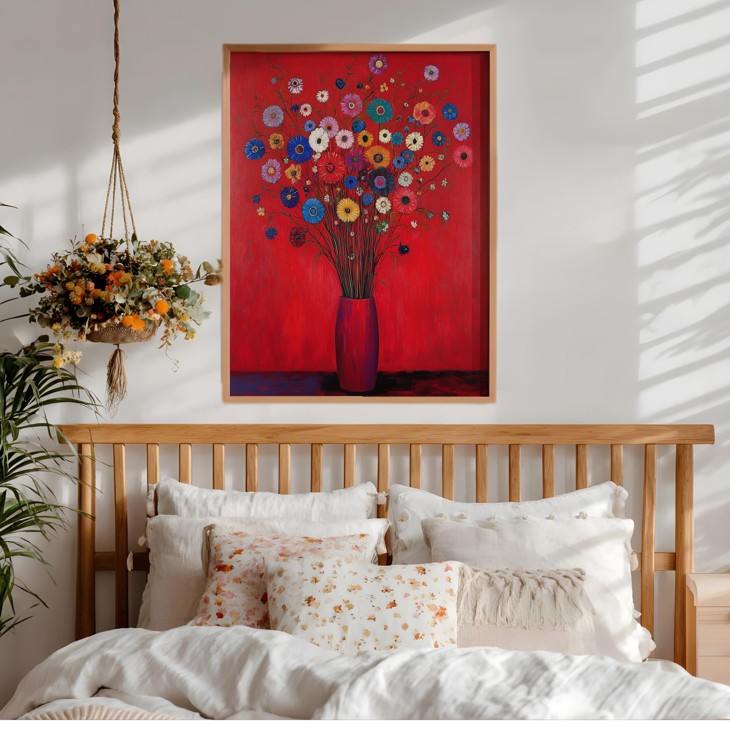 Red Floral Wall Art, Vibrant Bouquet Print, Vintage Inspired Framed Canvas, Bold Botanical Home Decor, Colorful Statement Accent