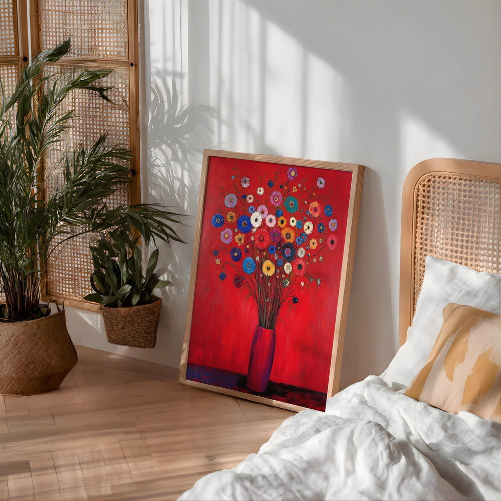 Red Floral Wall Art, Vibrant Bouquet Print, Vintage Inspired Framed Canvas, Bold Botanical Home Decor, Colorful Statement Accent