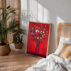 Red Floral Wall Art, Vibrant Bouquet Print, Vintage Inspired Framed Canvas, Bold Botanical Home Decor, Colorful Statement Accent